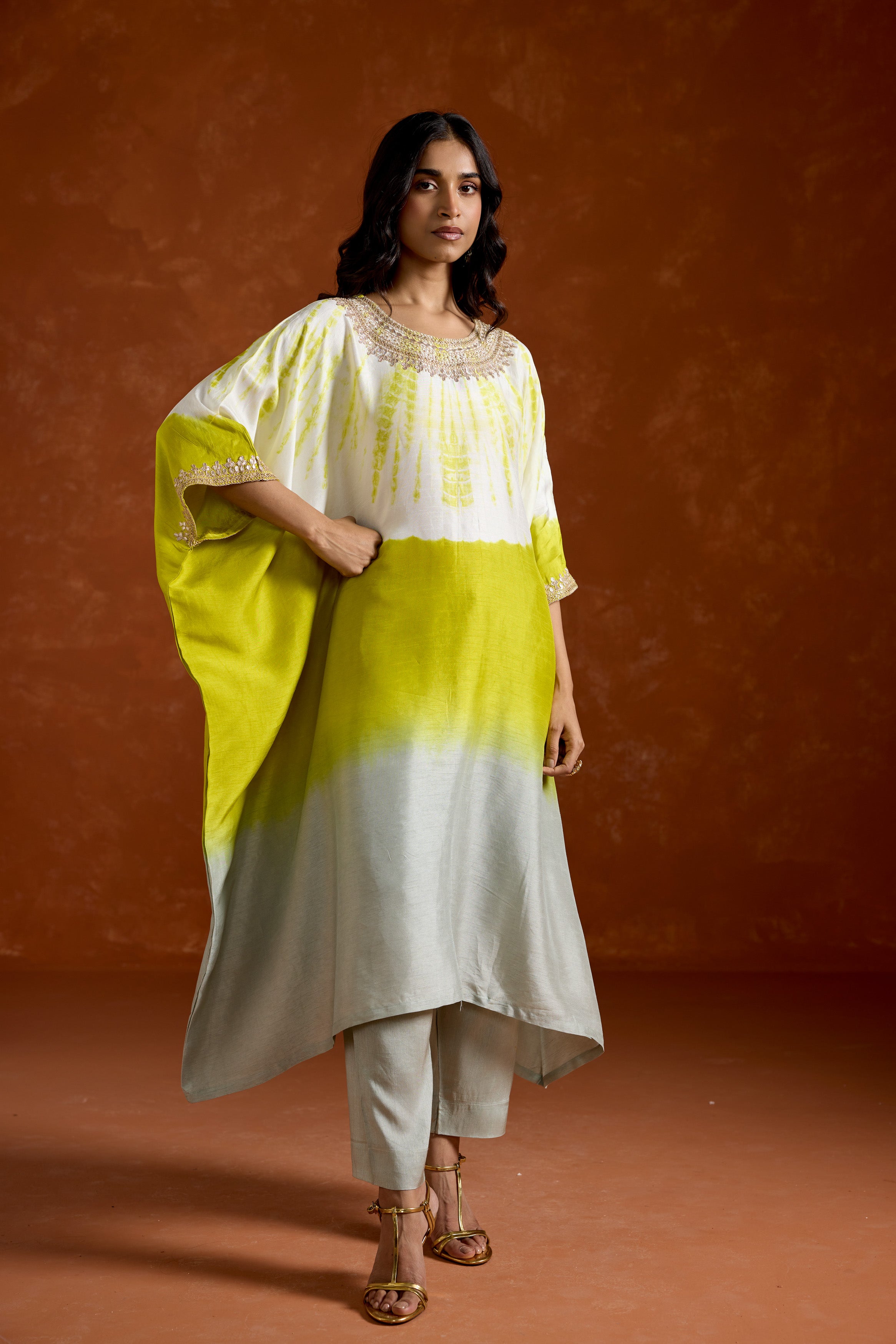 Lime green Embellished Raw Silk kaftan Set