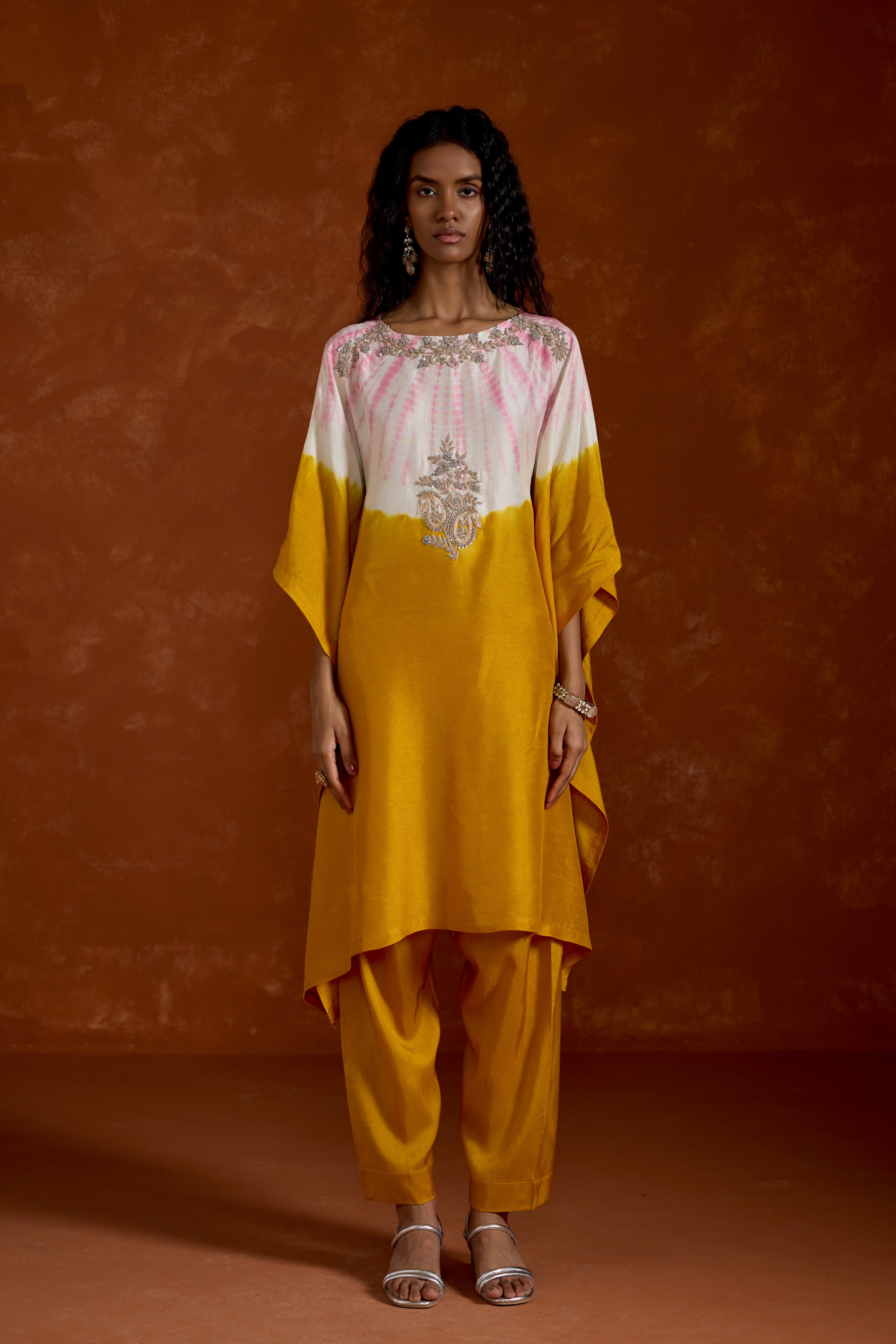Mustard Yellow Embellished Premium Silk Kaftan Set