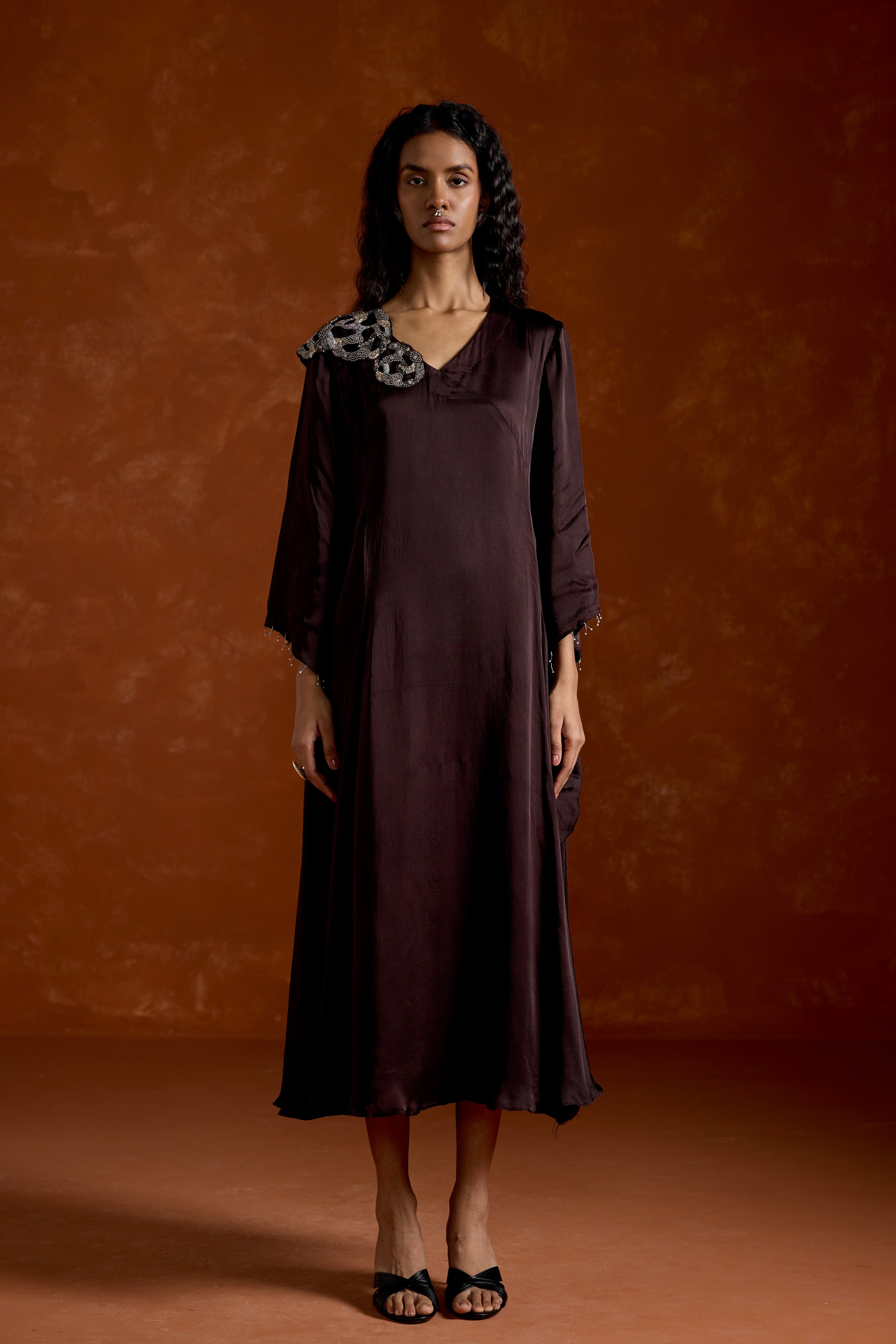 Coffee Brown Embellished Satin Silk Dress