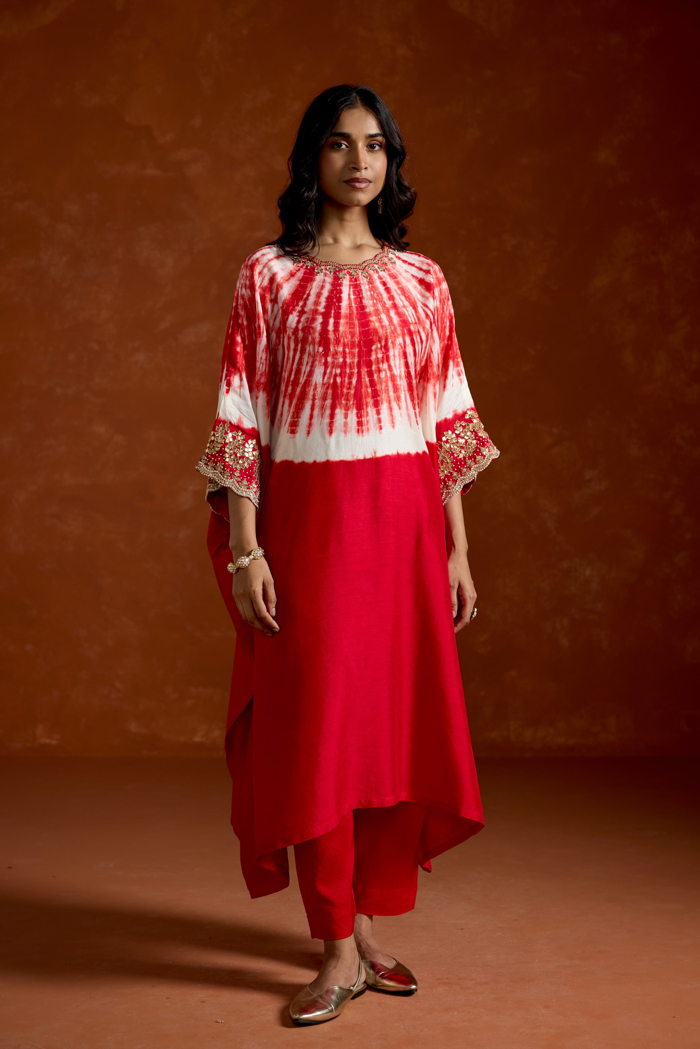 Crimson Red Embellished Raw Silk Kaftan Set