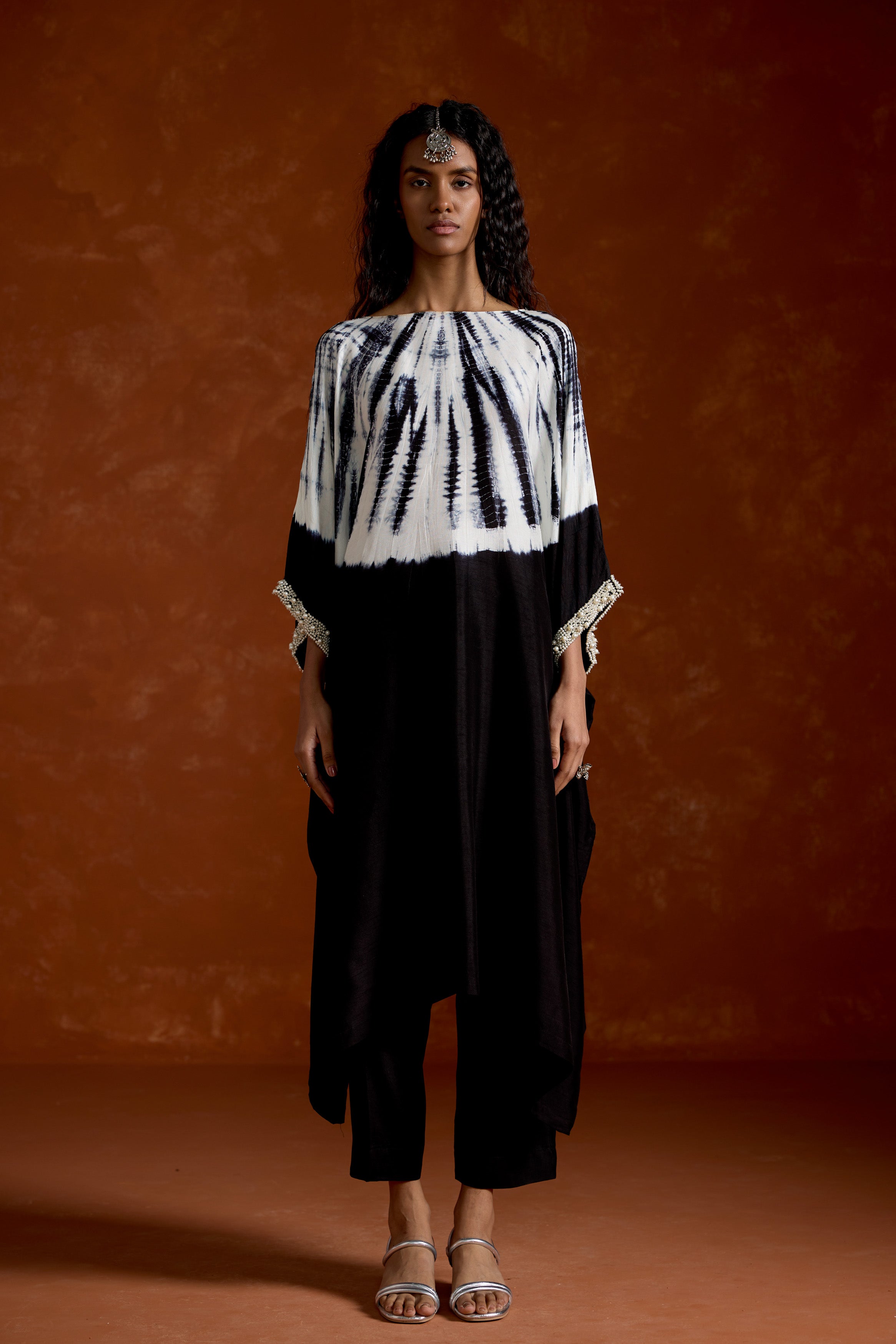 Classic Black Embellished Raw Silk Kaftan Set