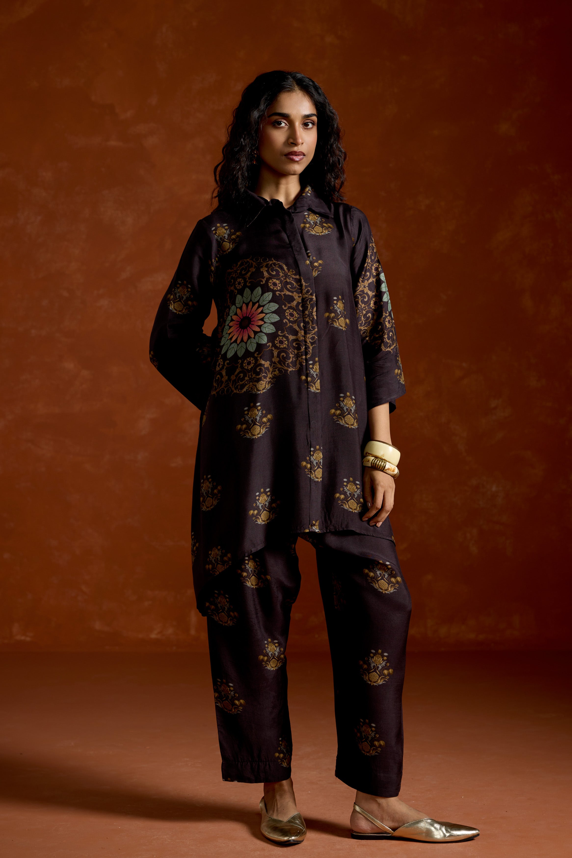 Black Printed Rayon Silk Co-Ord Set