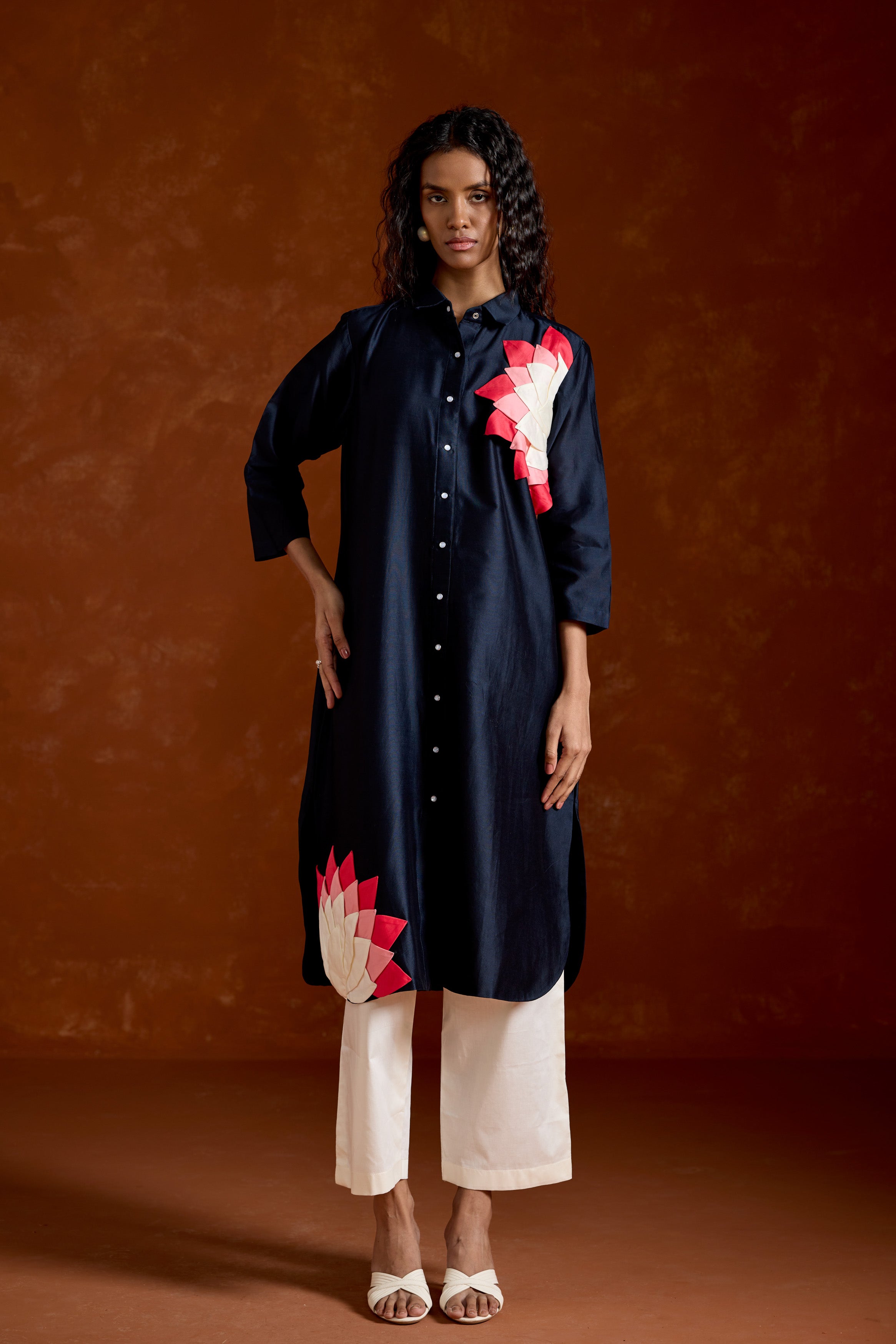 Midnight Blue Printed Chinon Silk Kurta Set