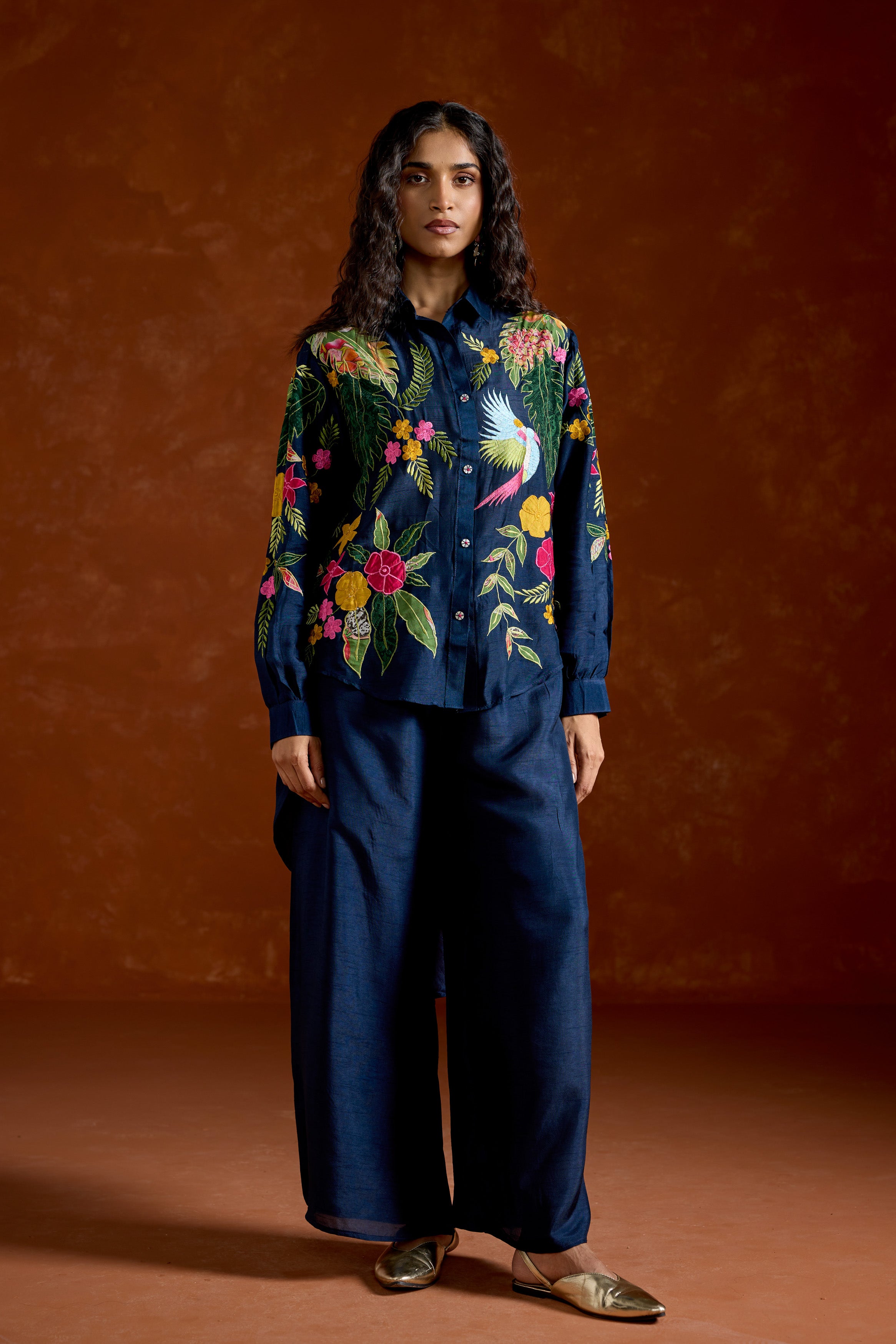 Navy Blue Embroidered Raw Silk Co-Ord Set