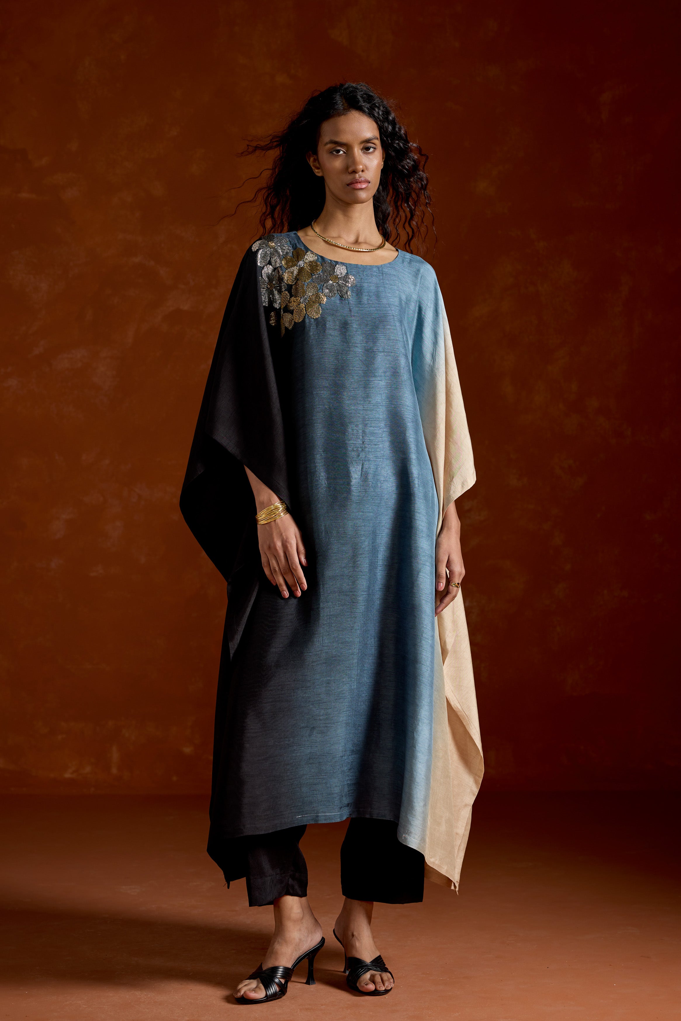 Deep Blue Embellished Ombre Kaftan Set