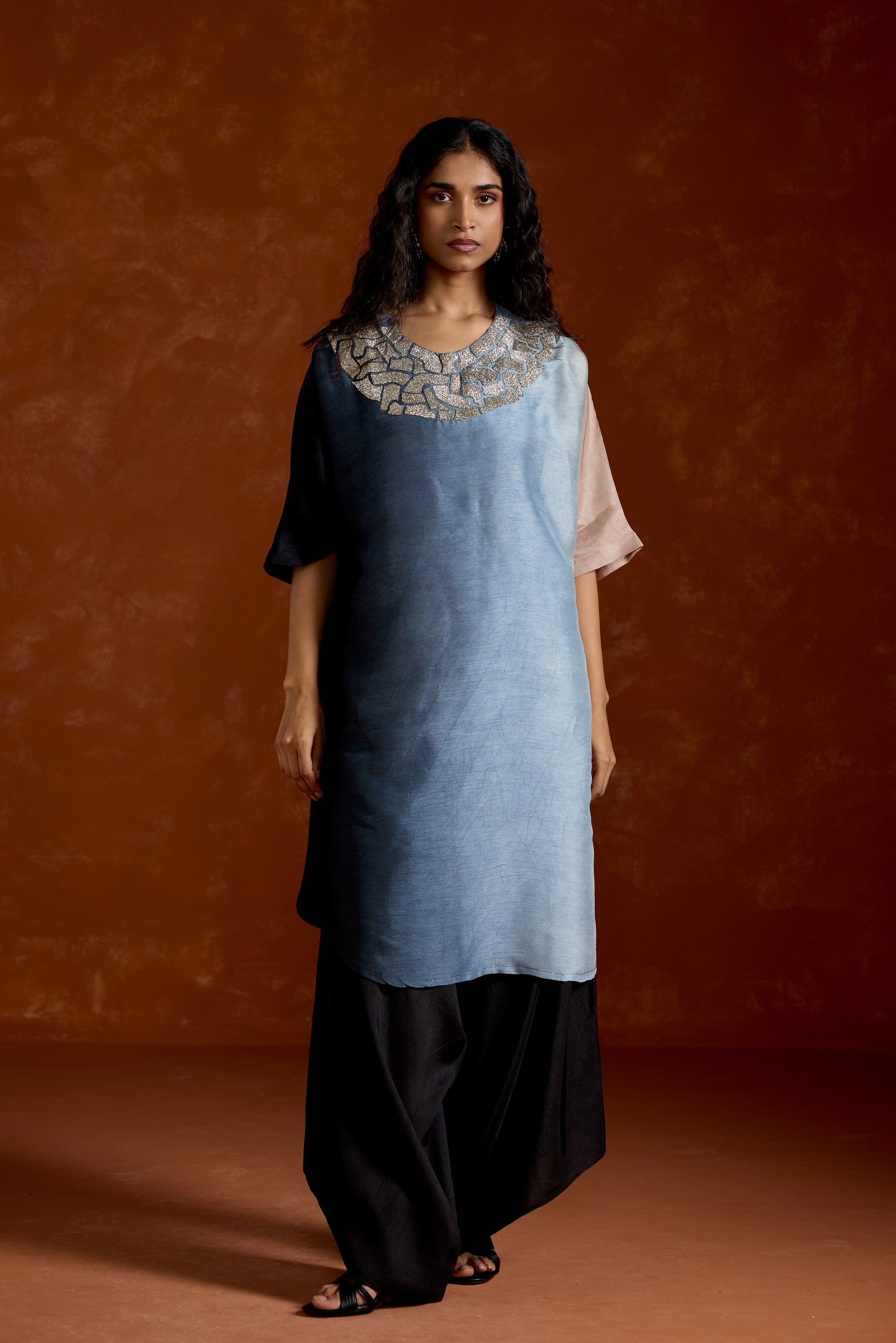 Smoky Blue Embellished Raw Silk Tunic Set
