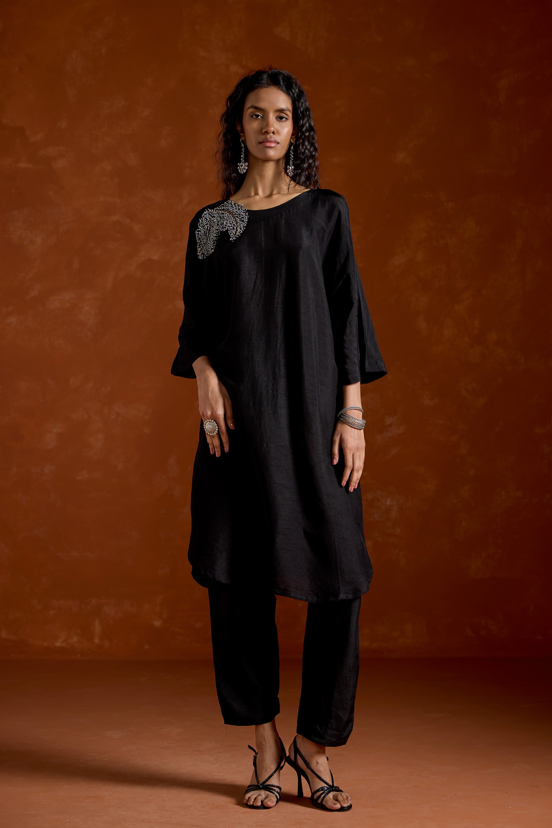 Black Embellished Raw Silk Kurta Set