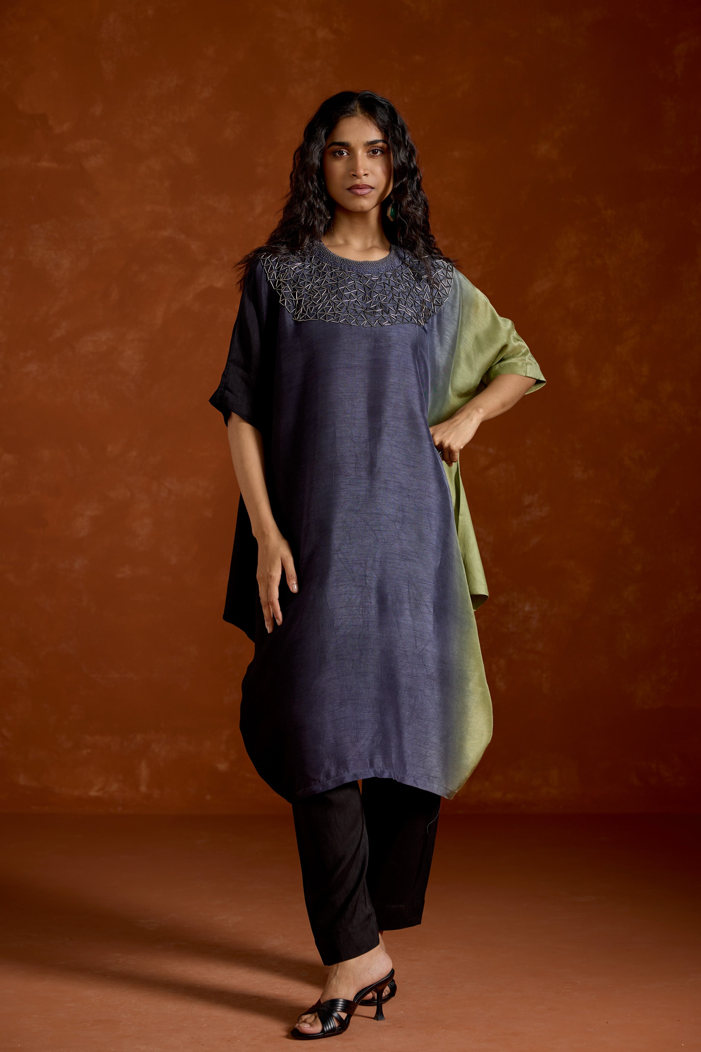 Navy Blue Embellished Raw Silk Kaftan Set