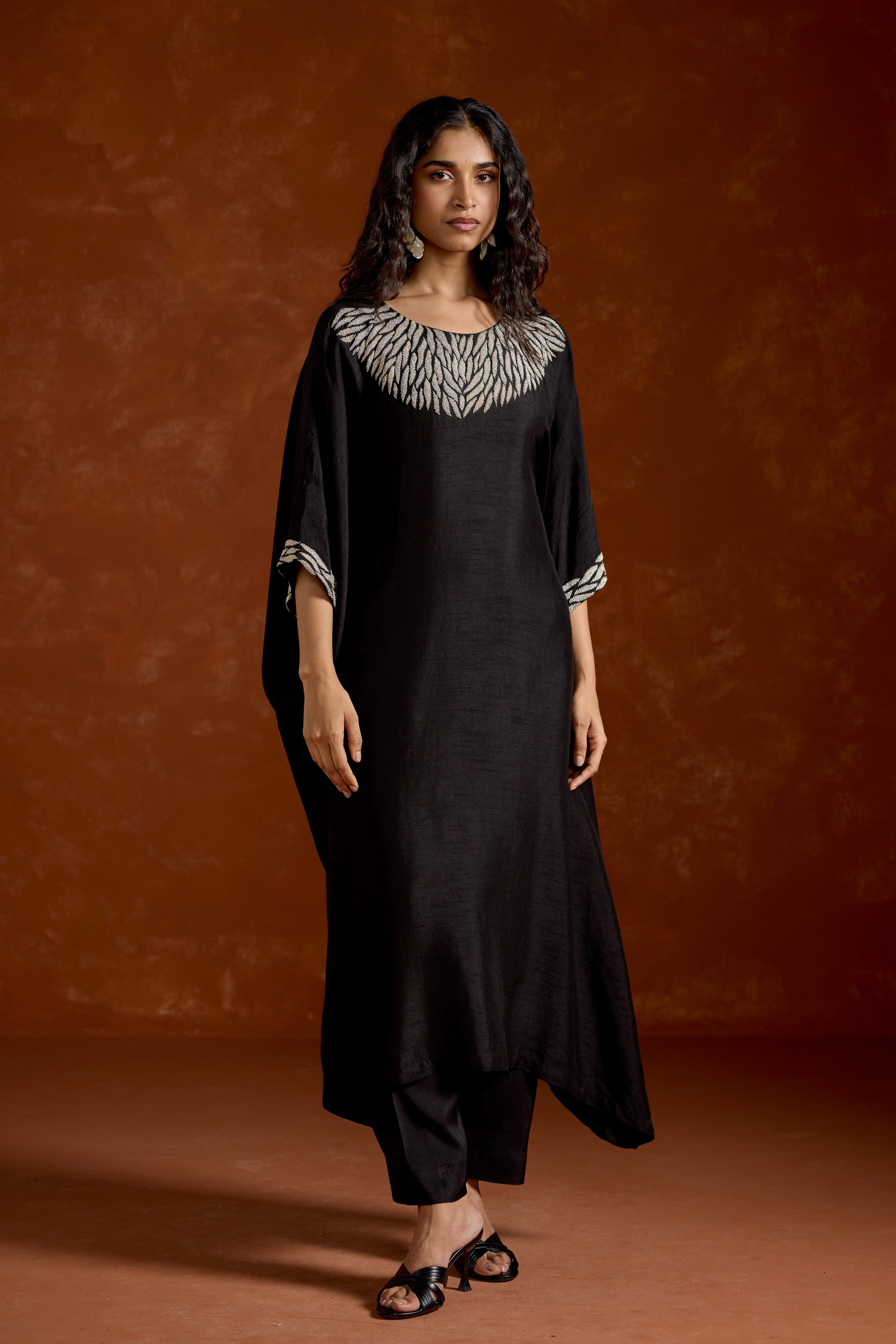 Black Embellished Raw Silk Kaftan Set