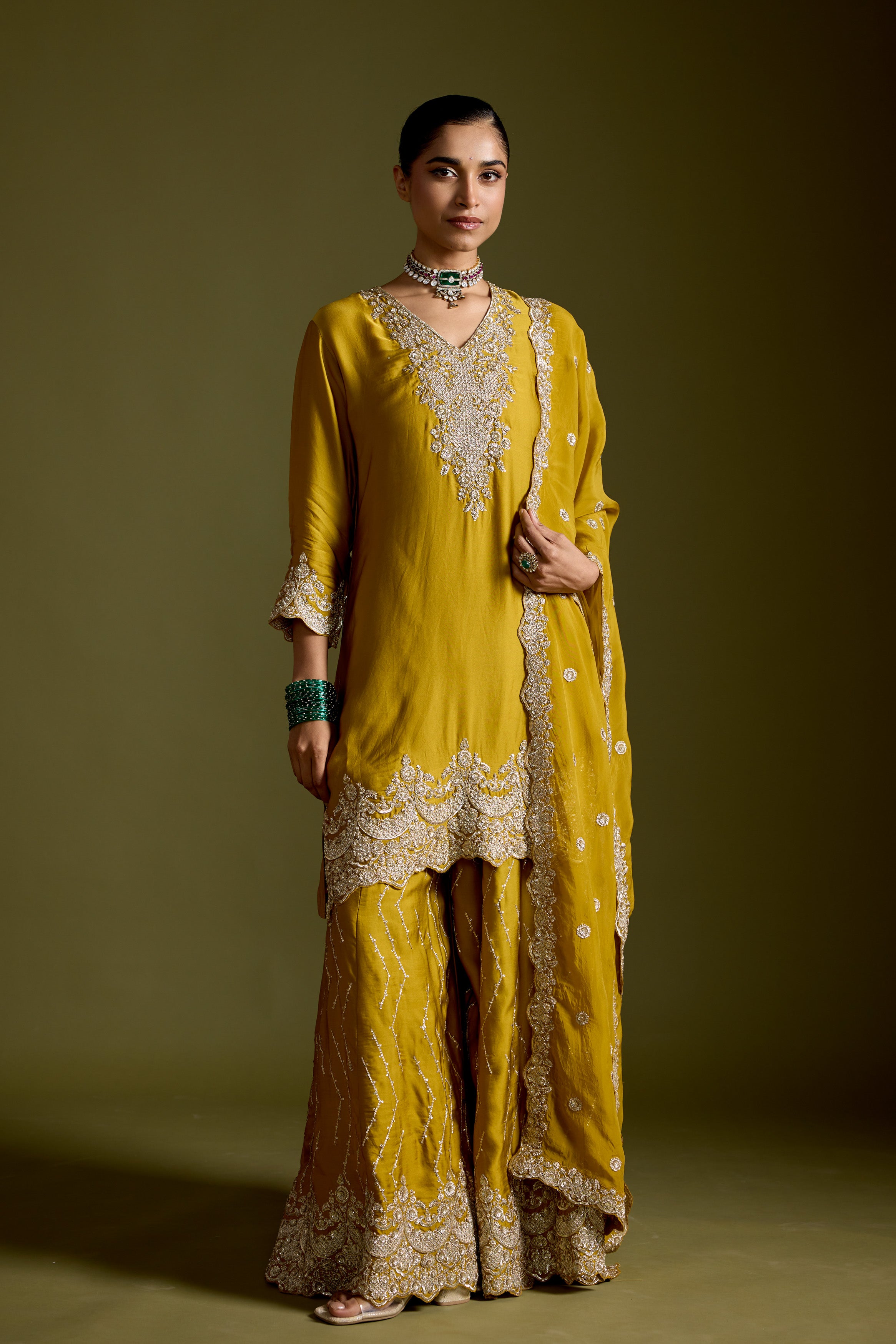 Haldi Yellow Embellished Satin Silk Palazzo Set