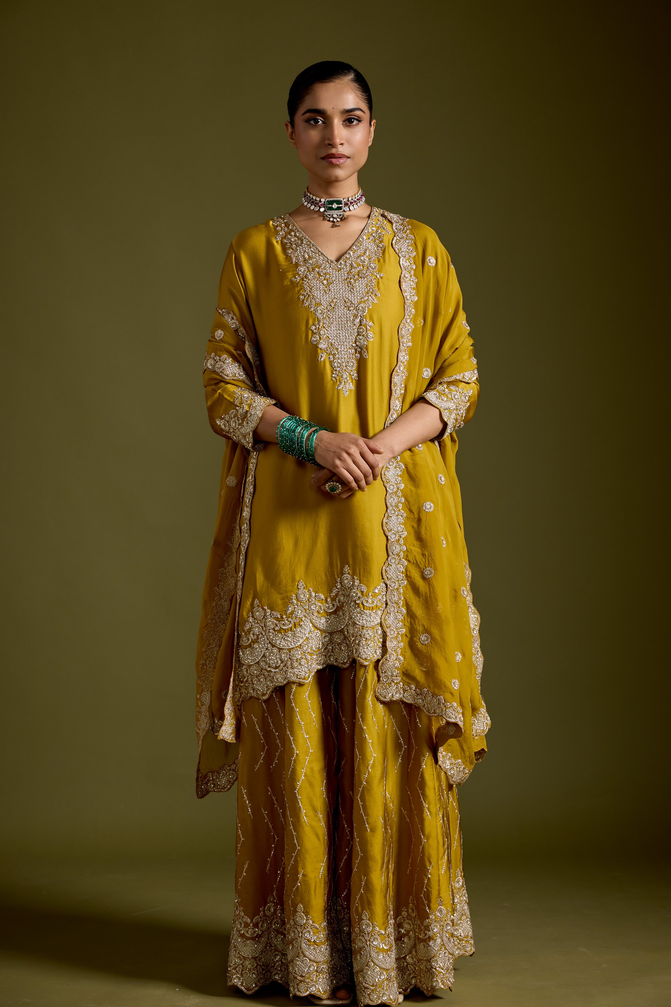 Haldi Yellow Embellished Satin Silk Palazzo Set
