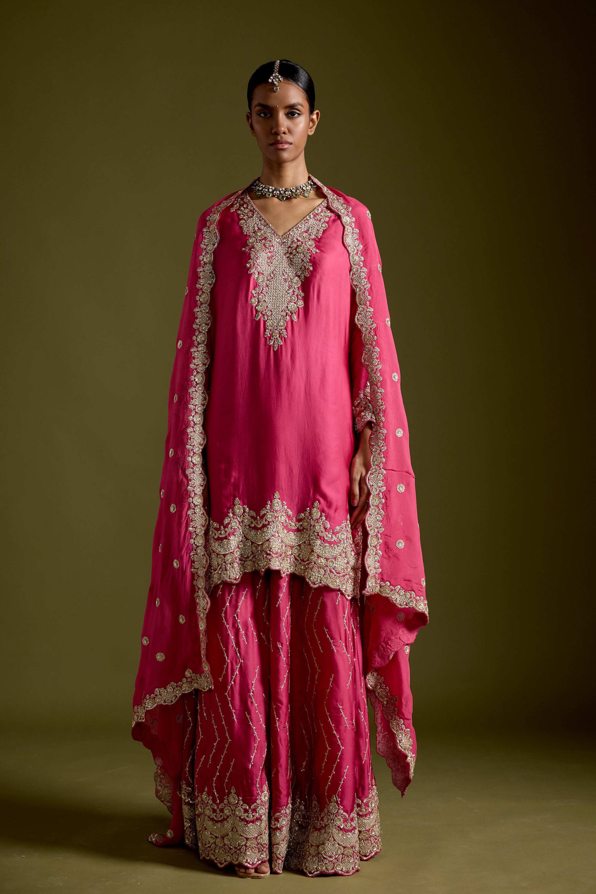 Magenta Flame Embellished Satin Silk Palazzo Set