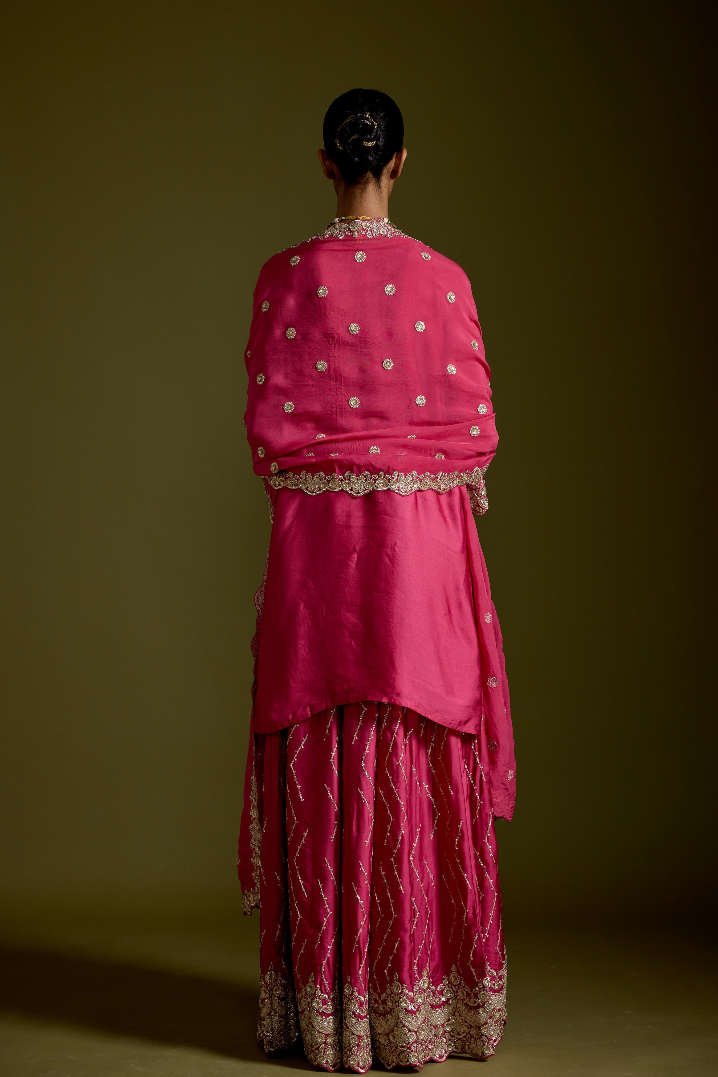 Magenta Flame Embellished Satin Silk Palazzo Set