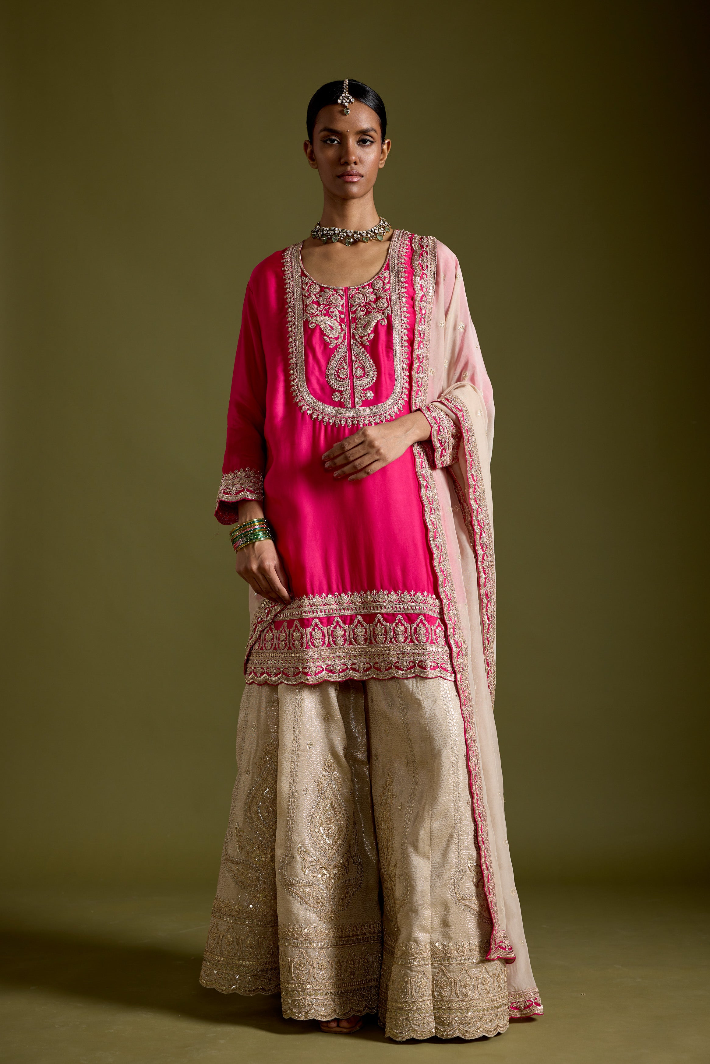 Pink Embellished Satin Silk Sharara Set