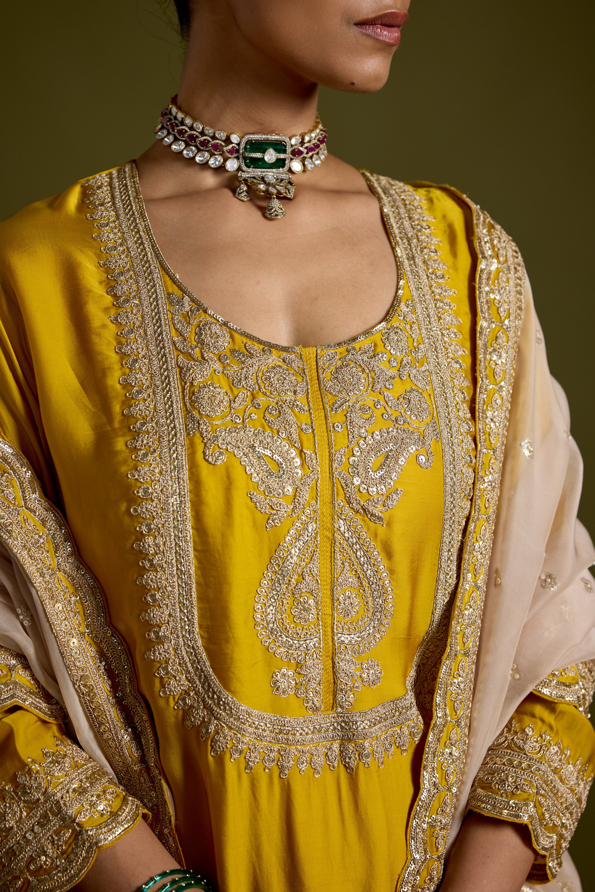 Yellow Embellished Satin Silk Sharara Set