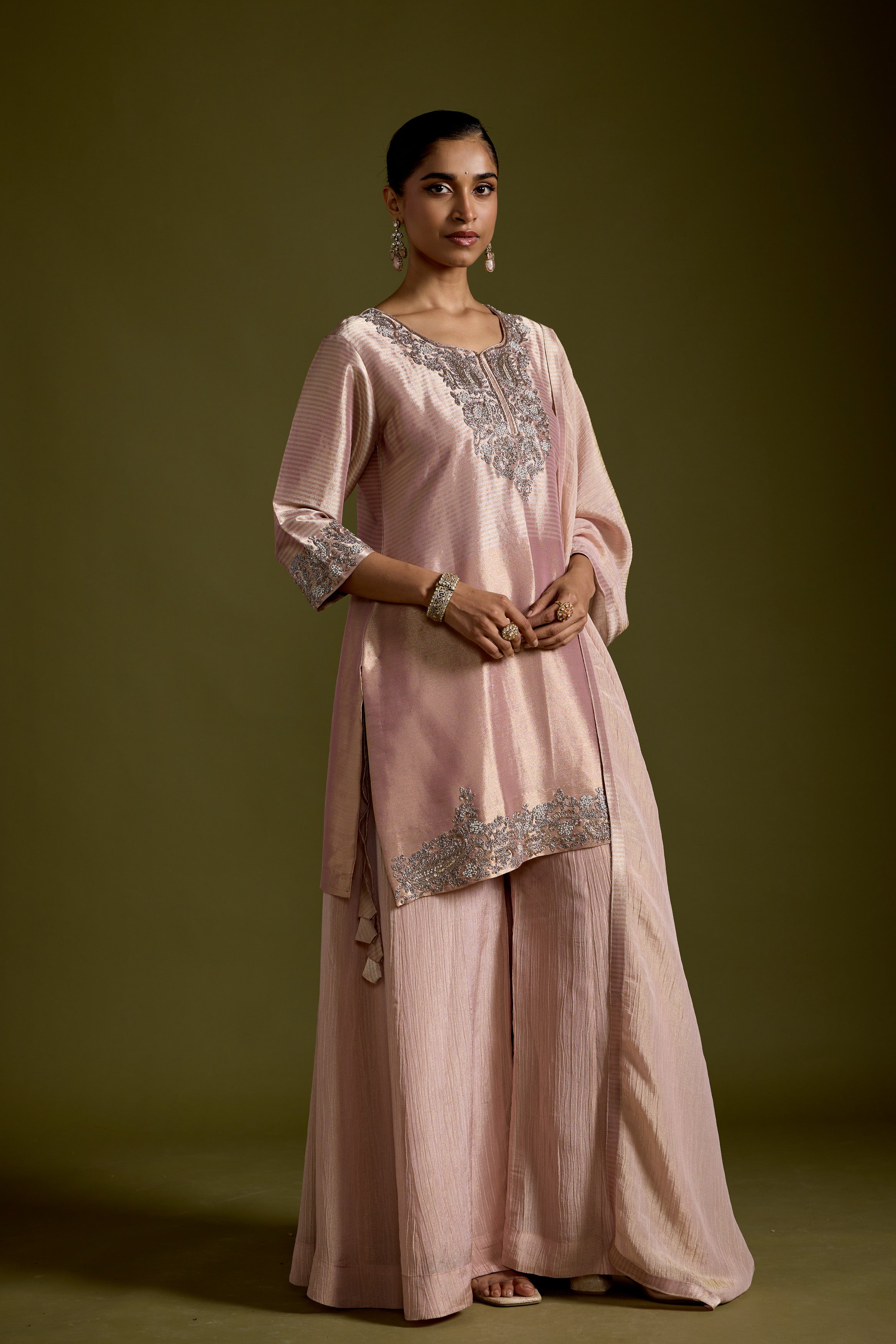 Blush Pink Embellished Shimmer Chinon Silk Palazzo Set