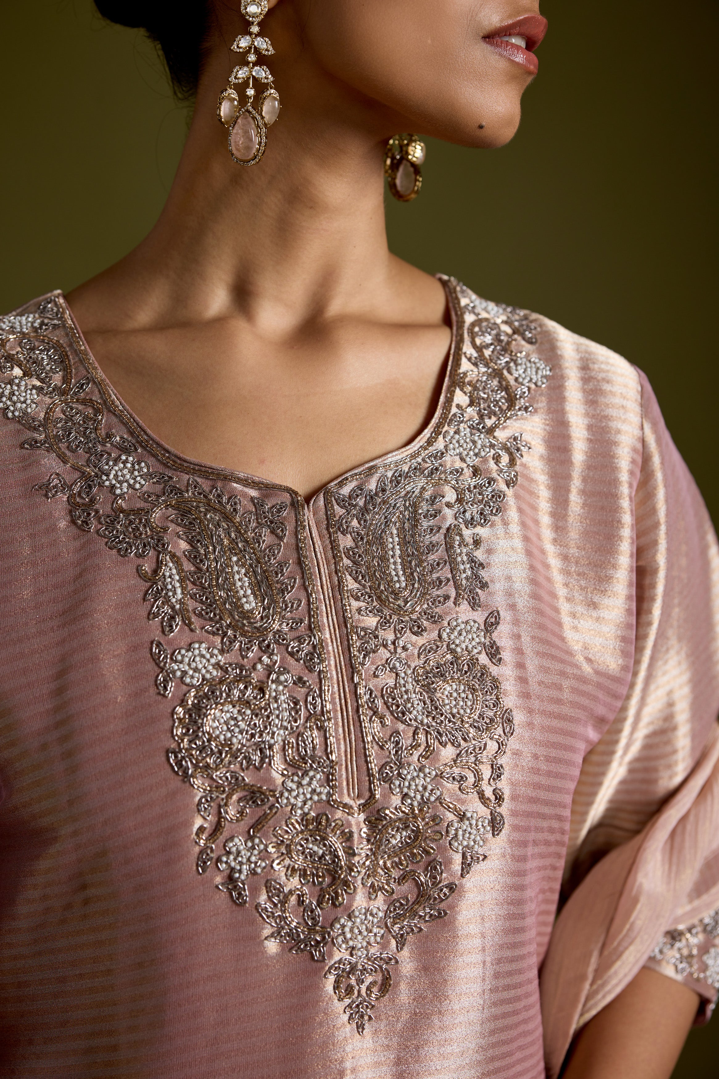 Blush Pink Embellished Shimmer Chinon Silk Palazzo Set