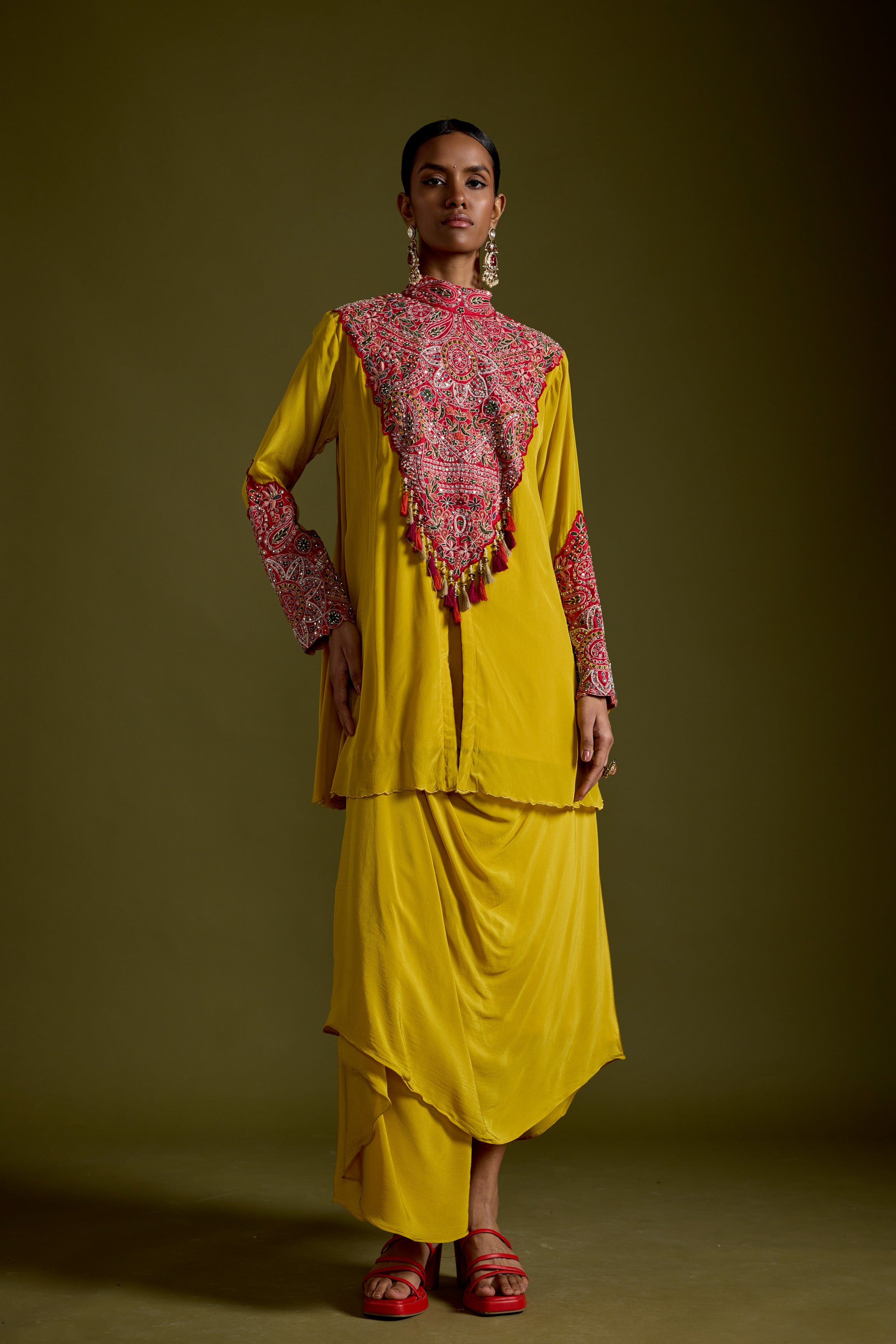Saffron Yellow Embellished Chinon Silk Skirt Set