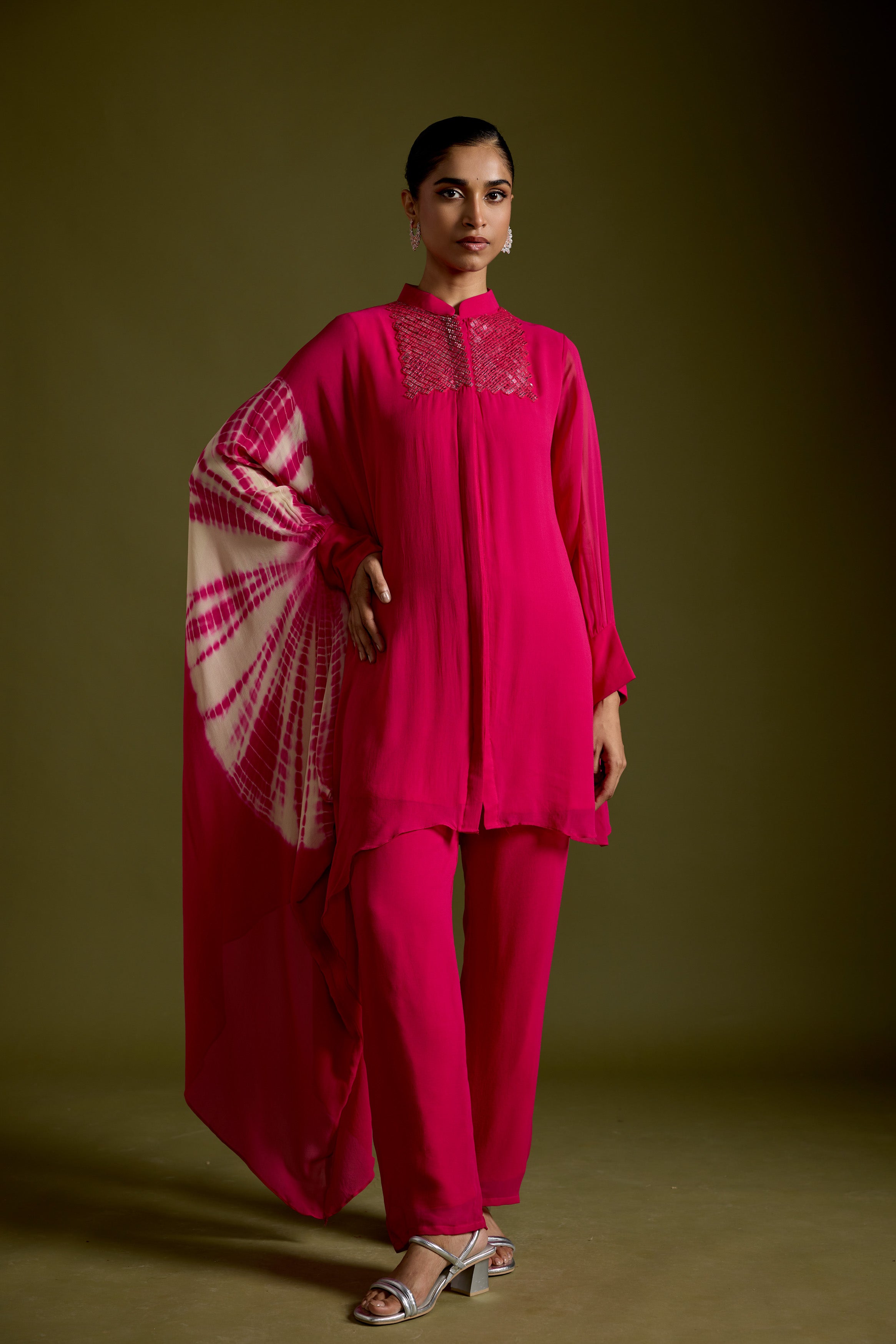 Magenta Pink Embellished Georgette Silk Kaftan Set
