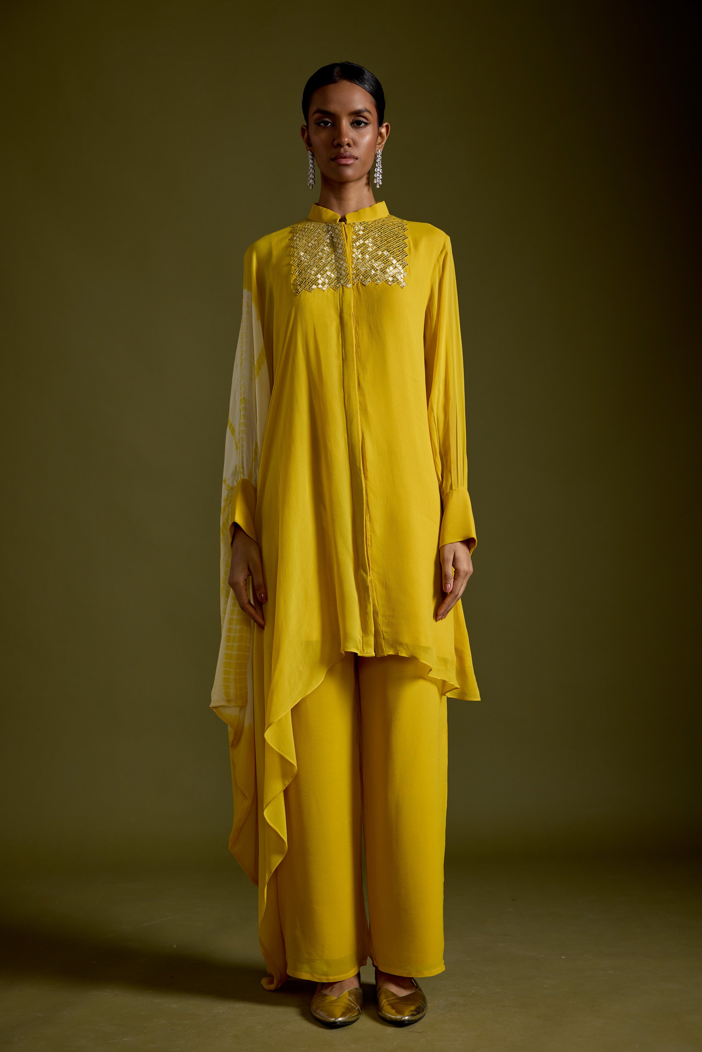 Warm Yellow Embellished Georgette Silk Kaftan Set