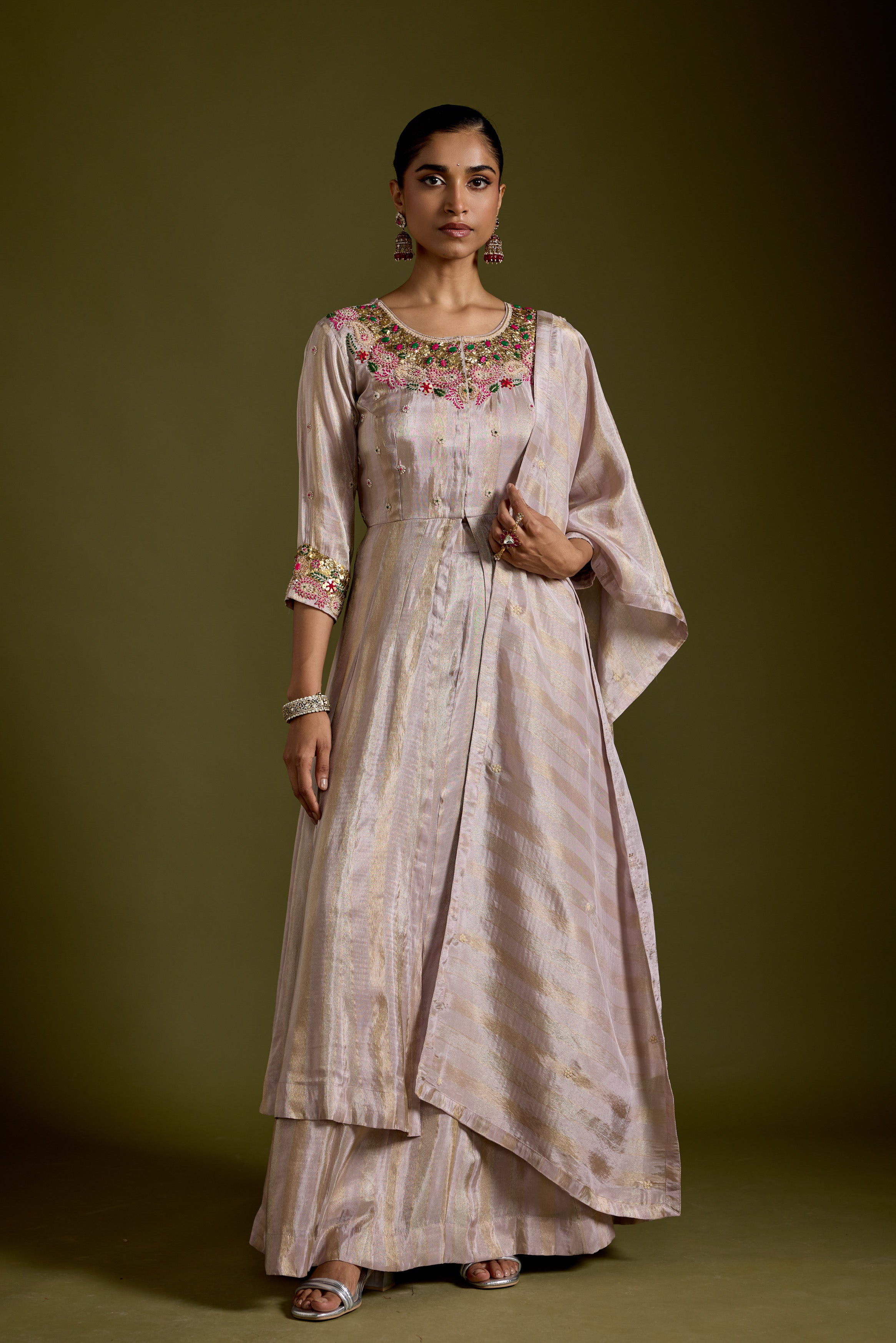 Dusty Mauve Embellished Shimmer Tissue Silk Skirt Set