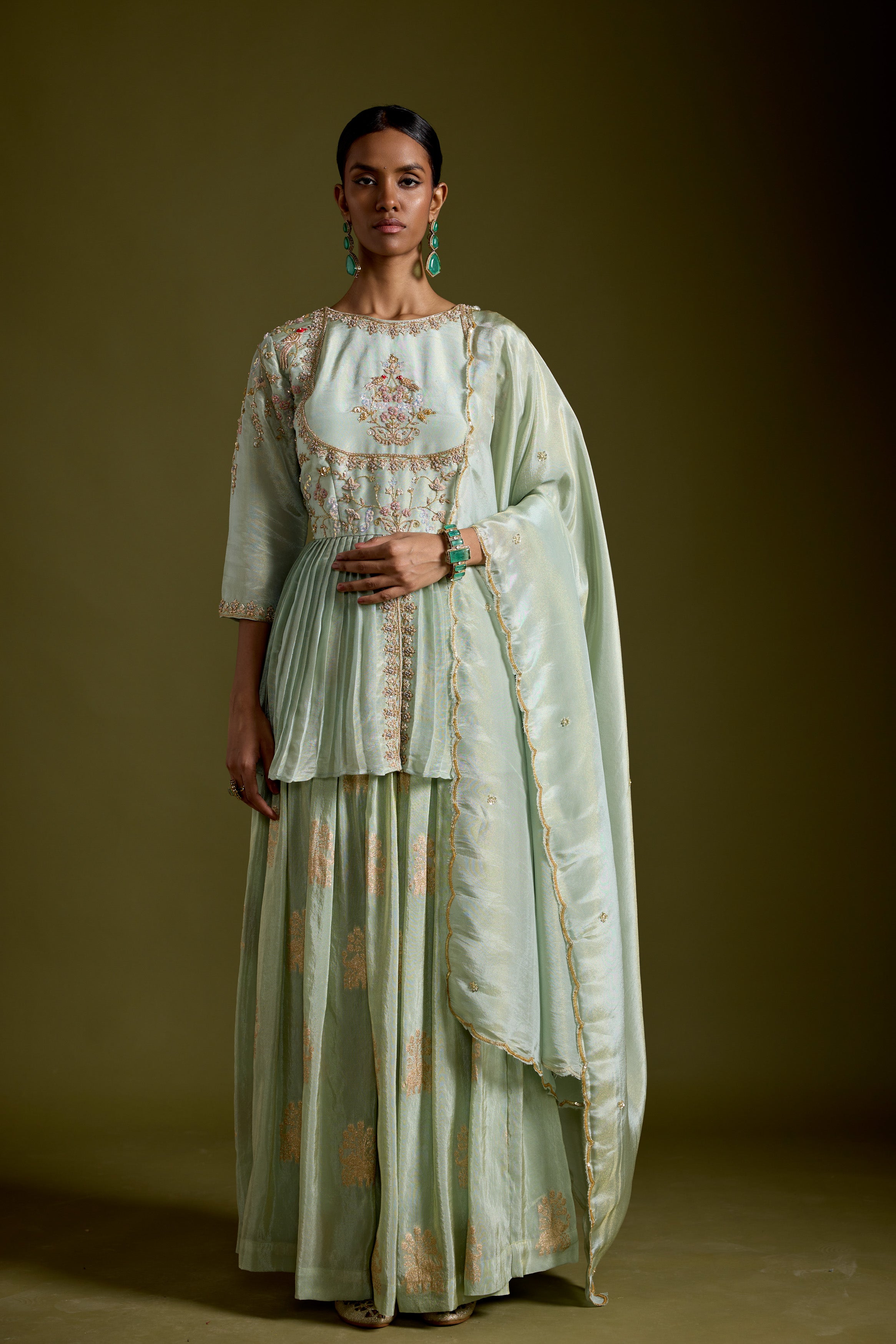 Pastel Green Embellished Shimmer Tissue Silk Skirt Set