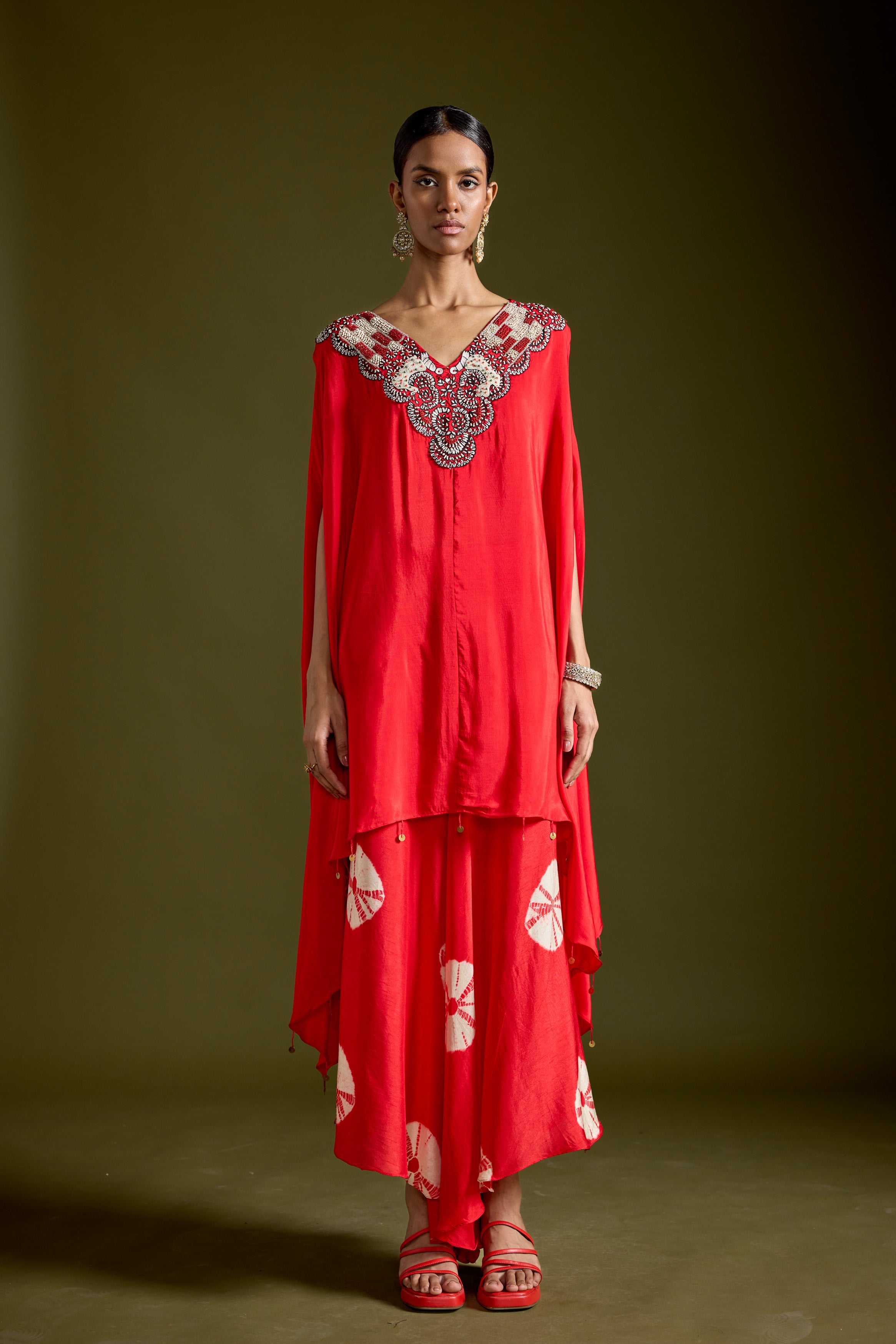 Red Embellished Premium Silk Kaftan Set