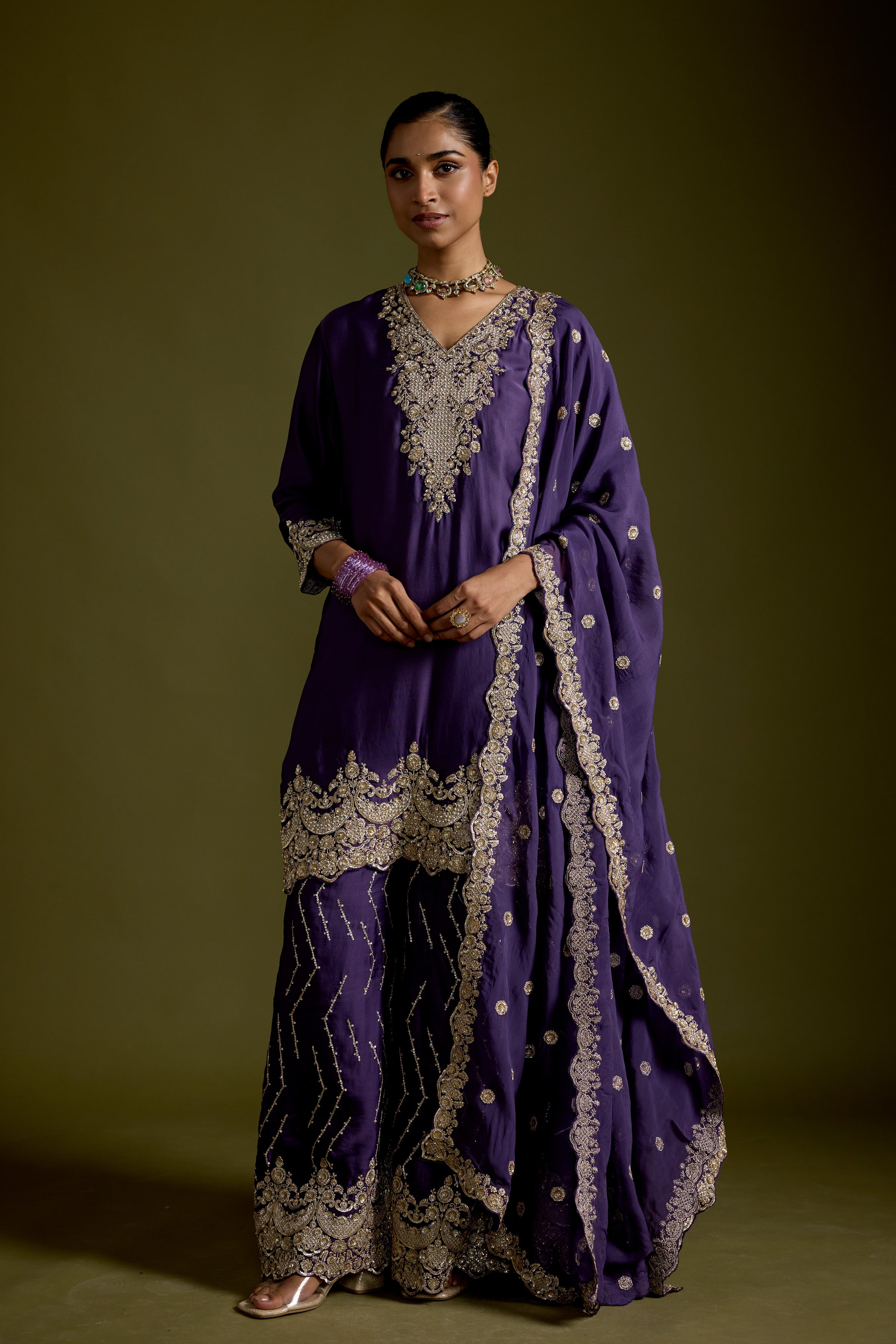 Violet Purple Embellished Satin Silk Palazzo Set
