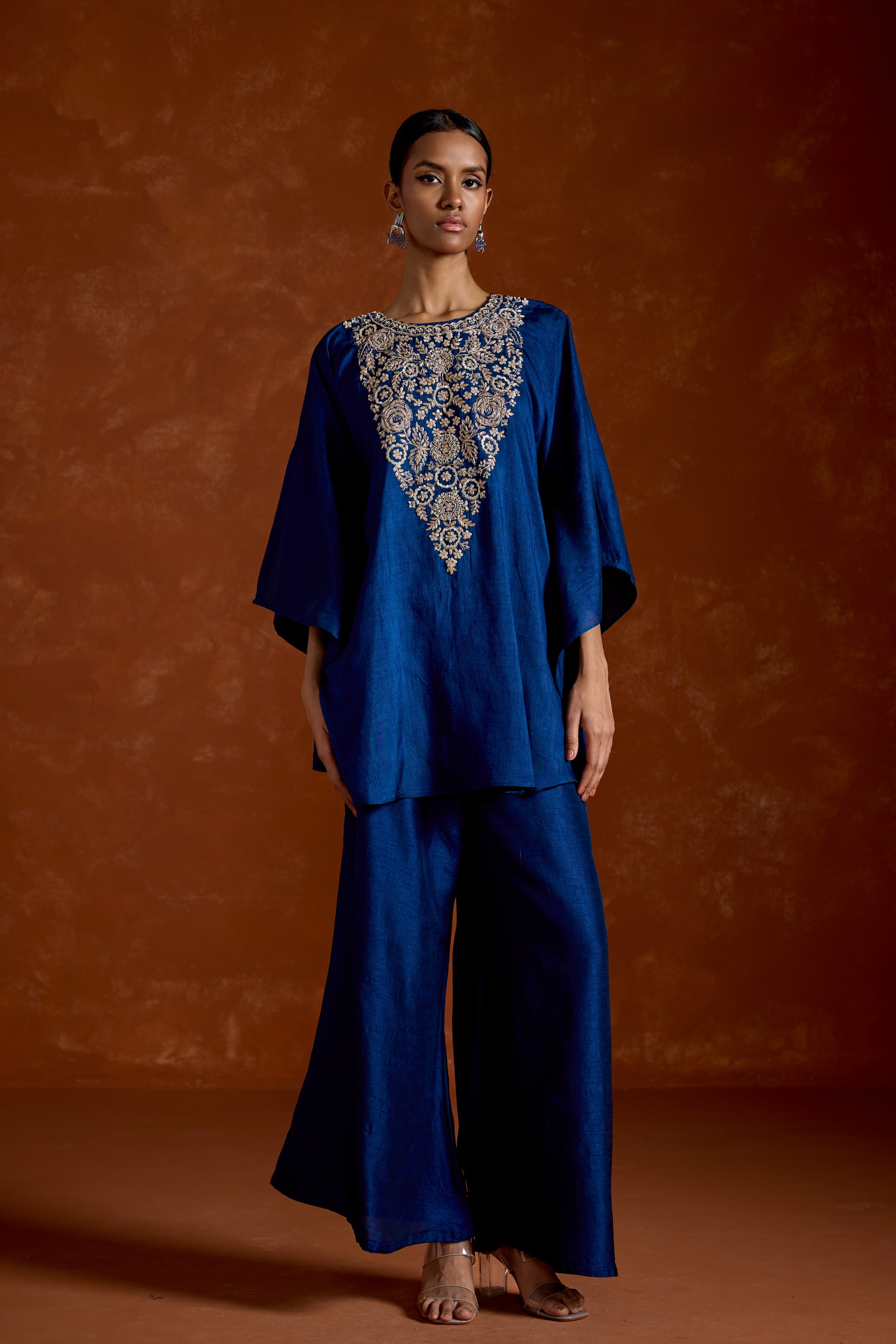 Deep Blue Embellished Raw Silk Kaftan Set