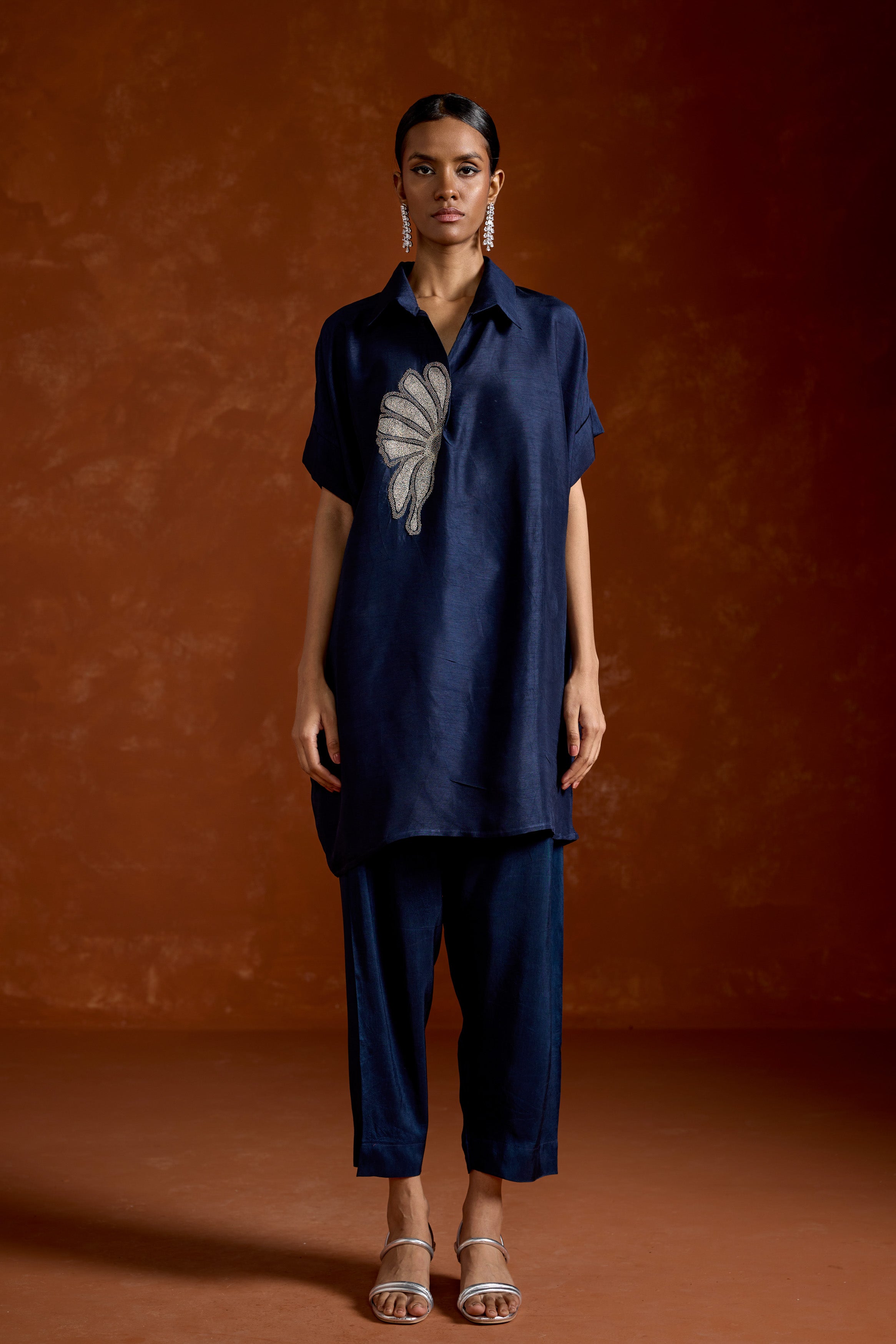 Dark Blue Embellished Raw Silk Kaftan Set