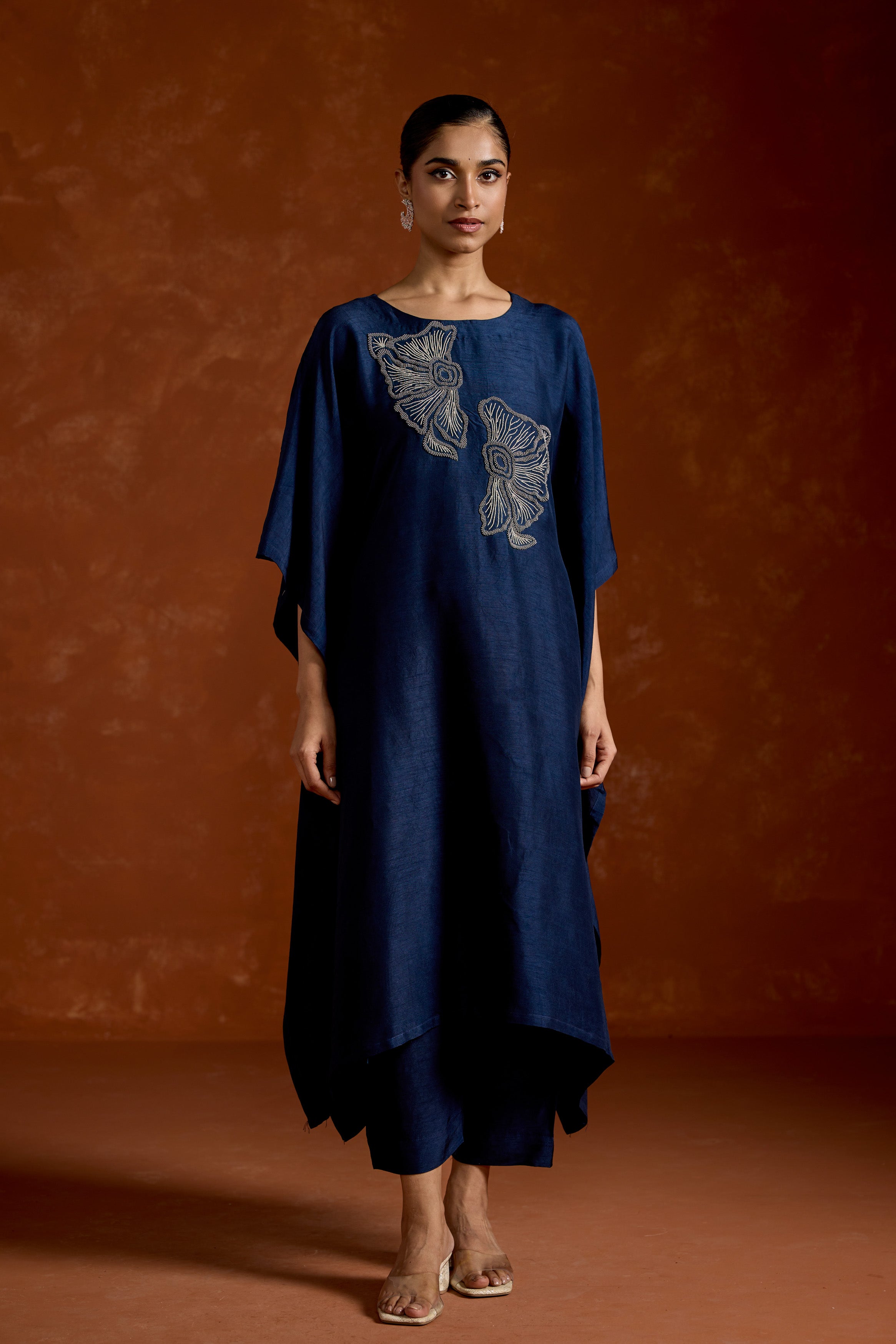 Navy Blue Embellished Raw Silk Kaftan Set