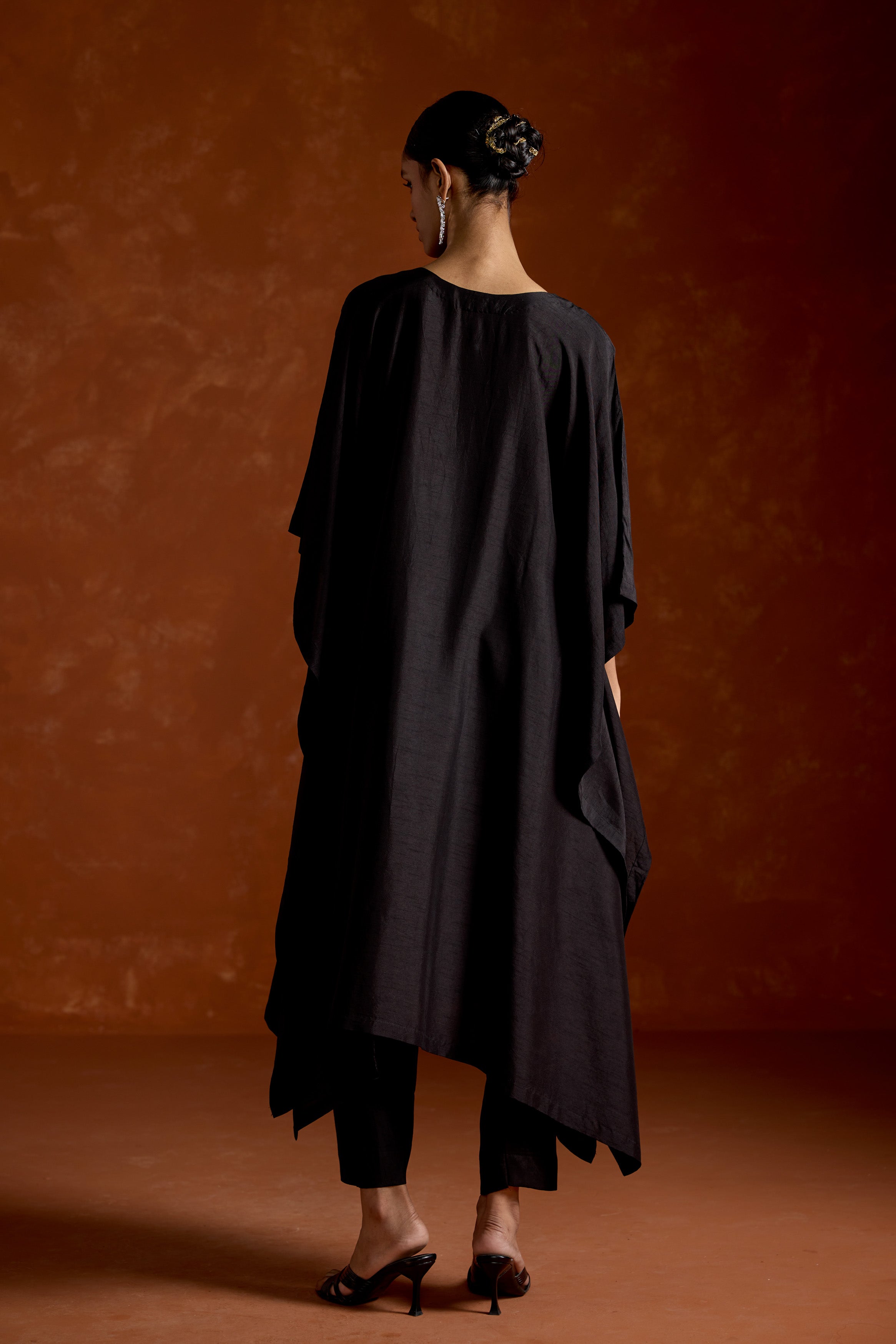 Twilight Black Embellished Raw Silk Kaftan Set