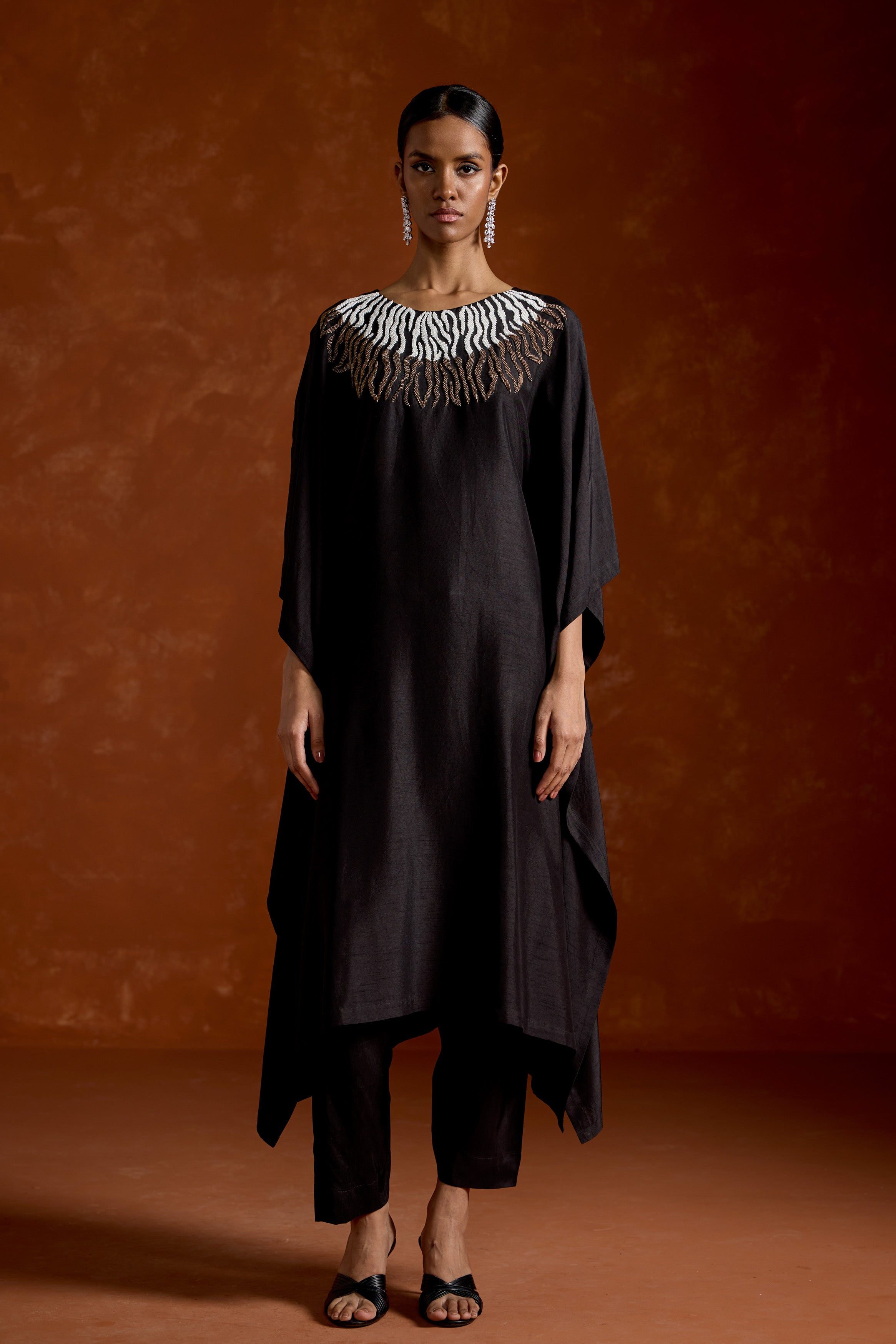 Twilight Black Embellished Raw Silk Kaftan Set