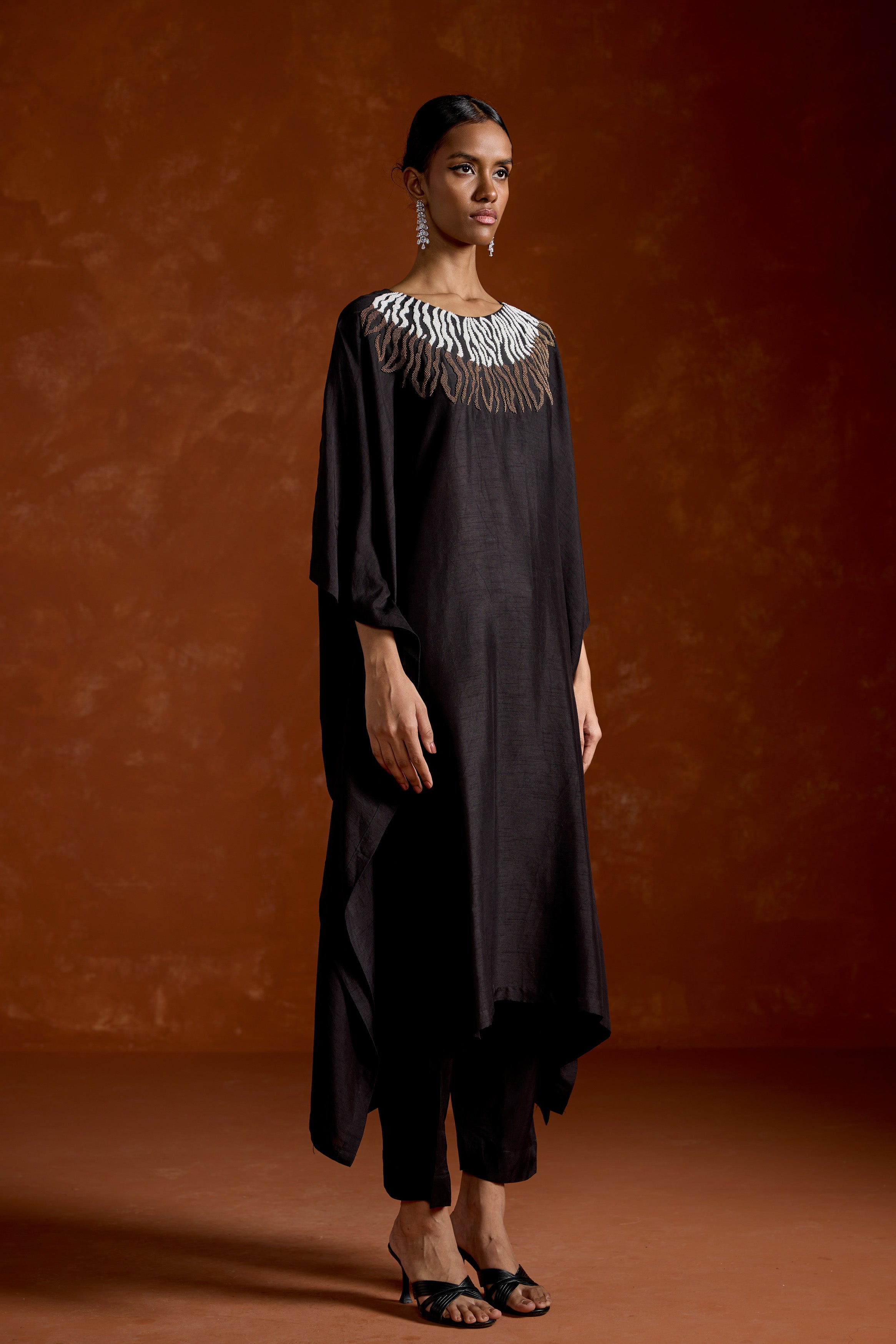 Twilight Black Embellished Raw Silk Kaftan Set