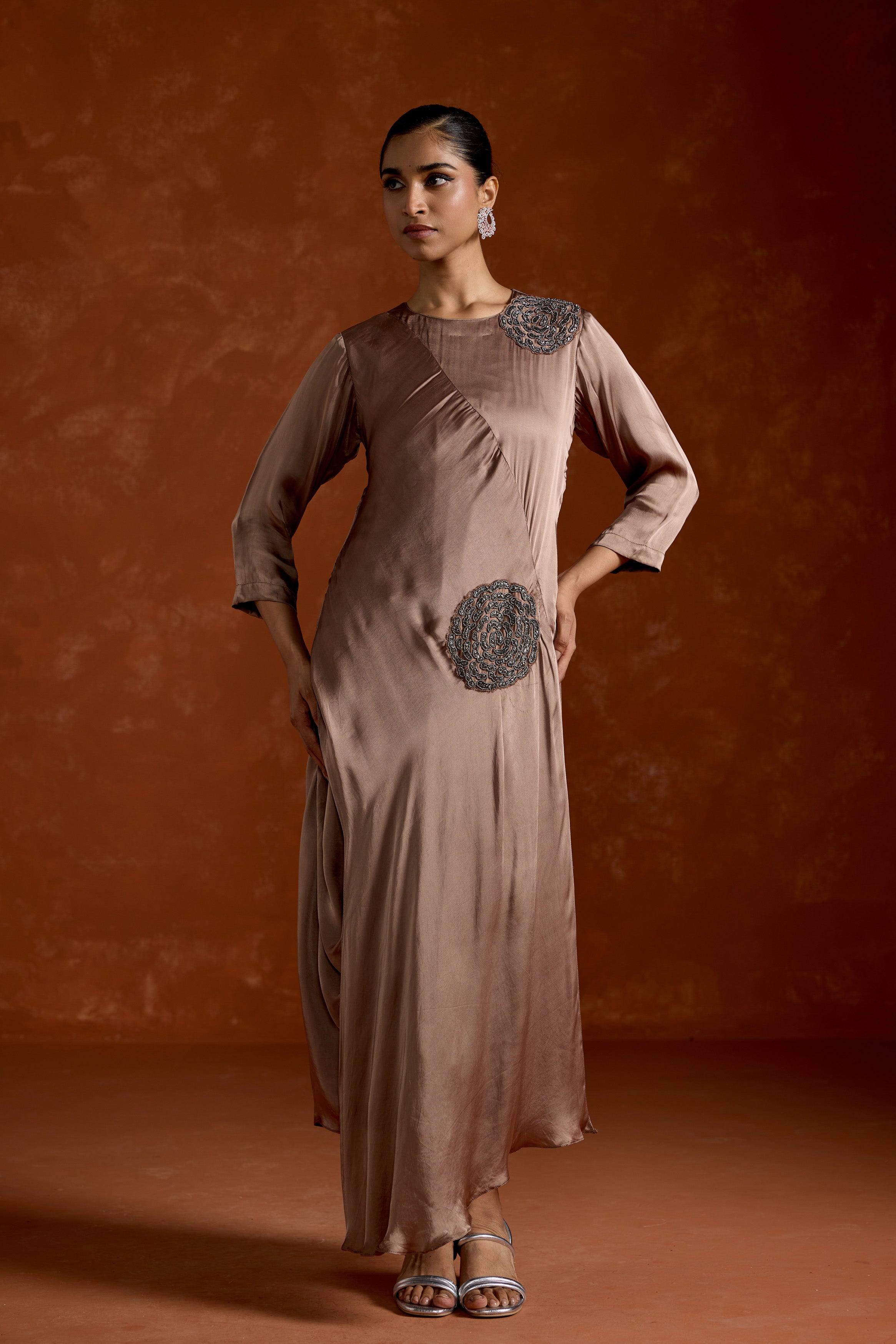 Dusty Almond Embellished Satin Silk Gown