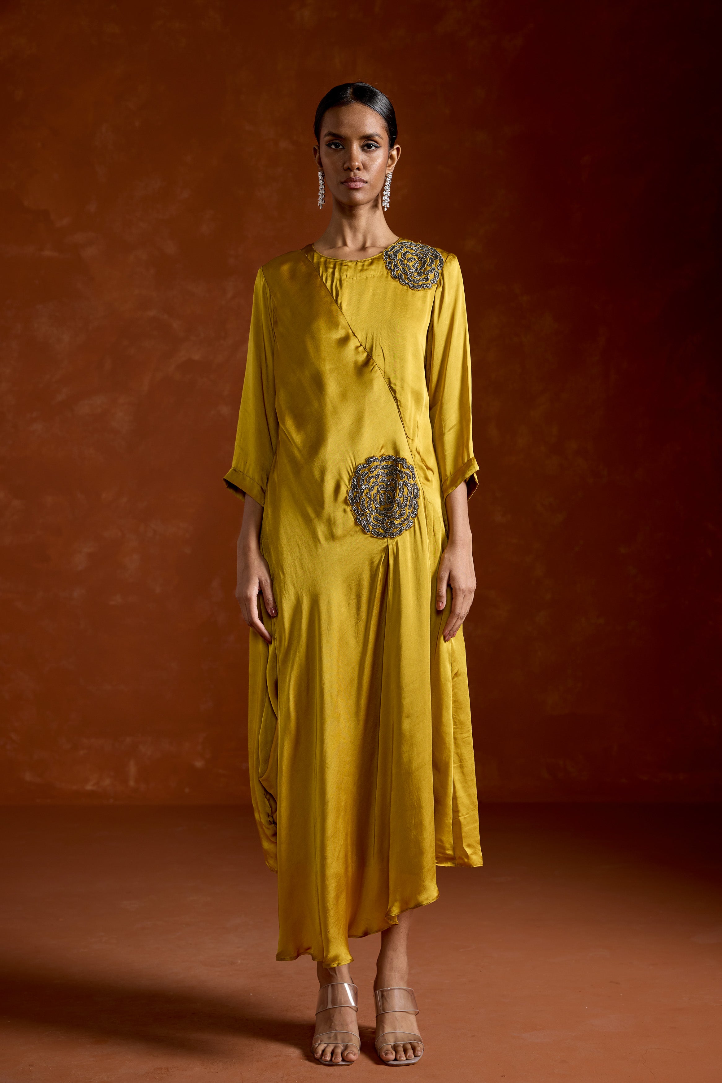 Mustard Yellow Embellished Satin Silk Gown