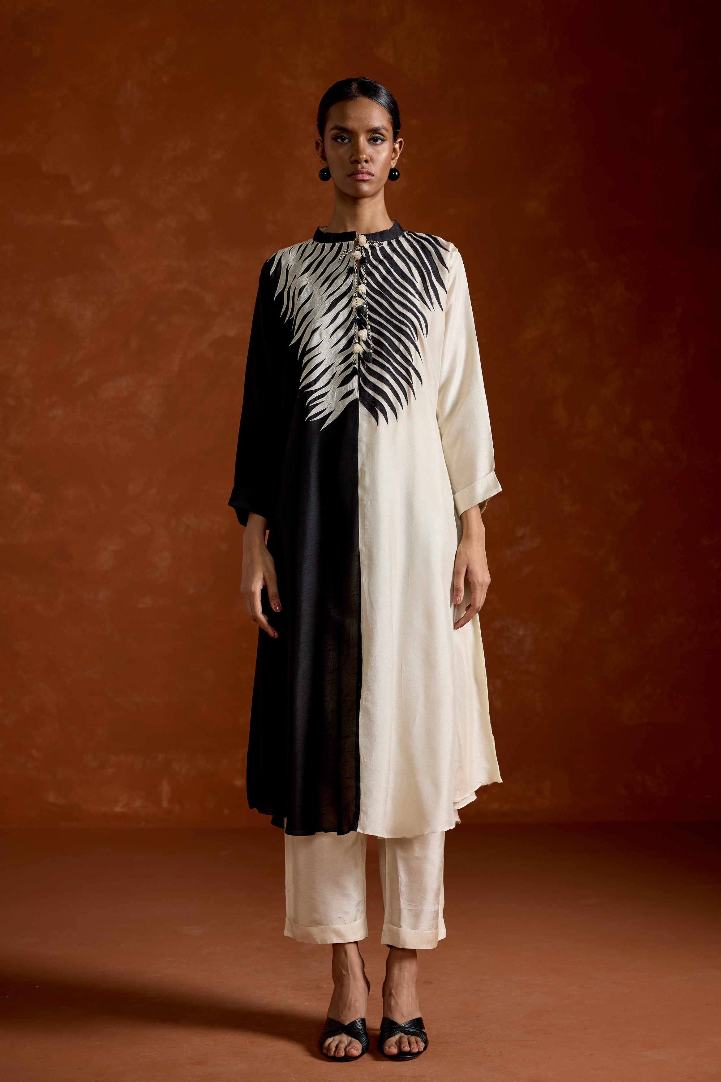 Black & White Embroidered Raw Silk Kurta Set