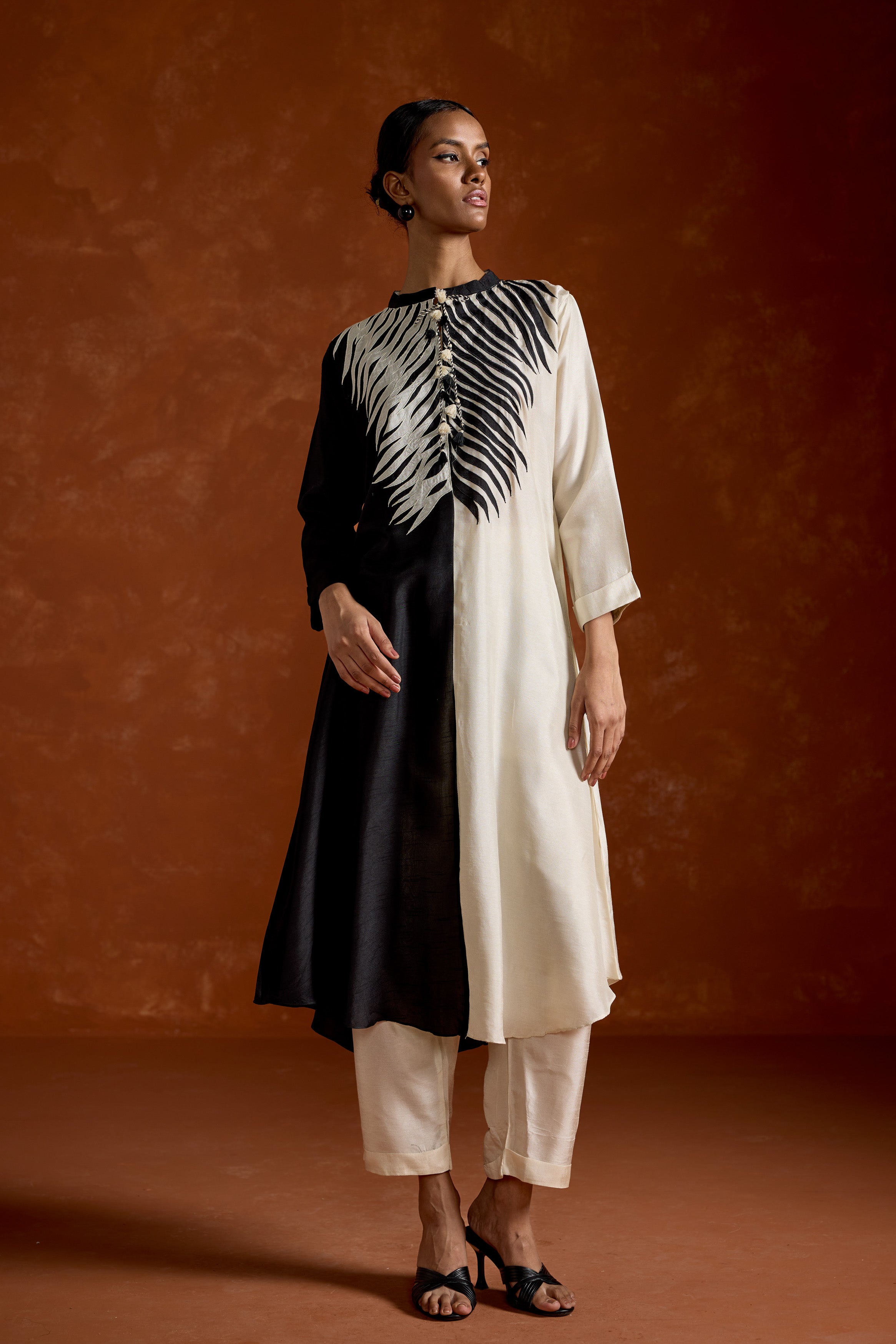 Black & White Embroidered Raw Silk Kurta Set