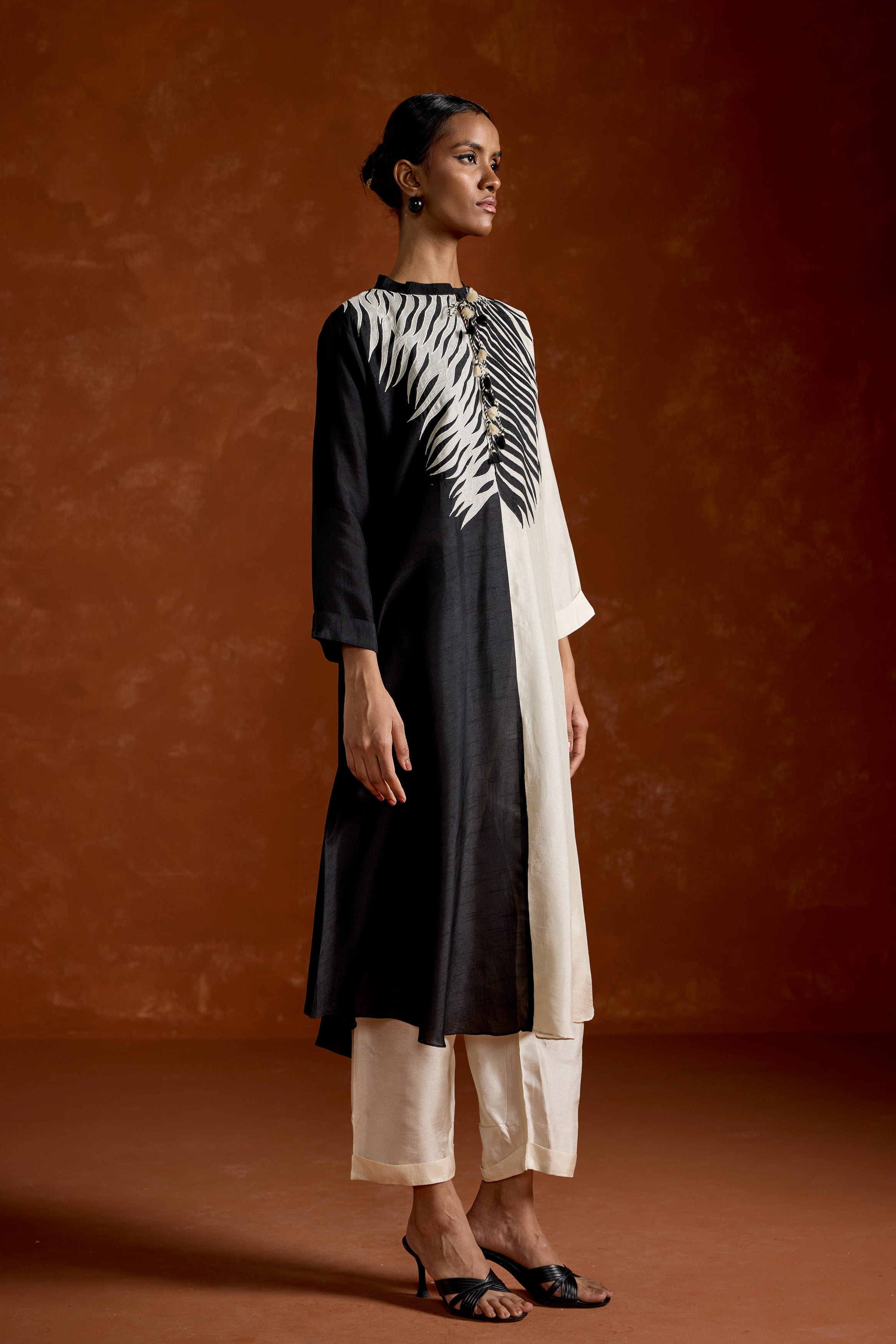 Black & White Embroidered Raw Silk Kurta Set