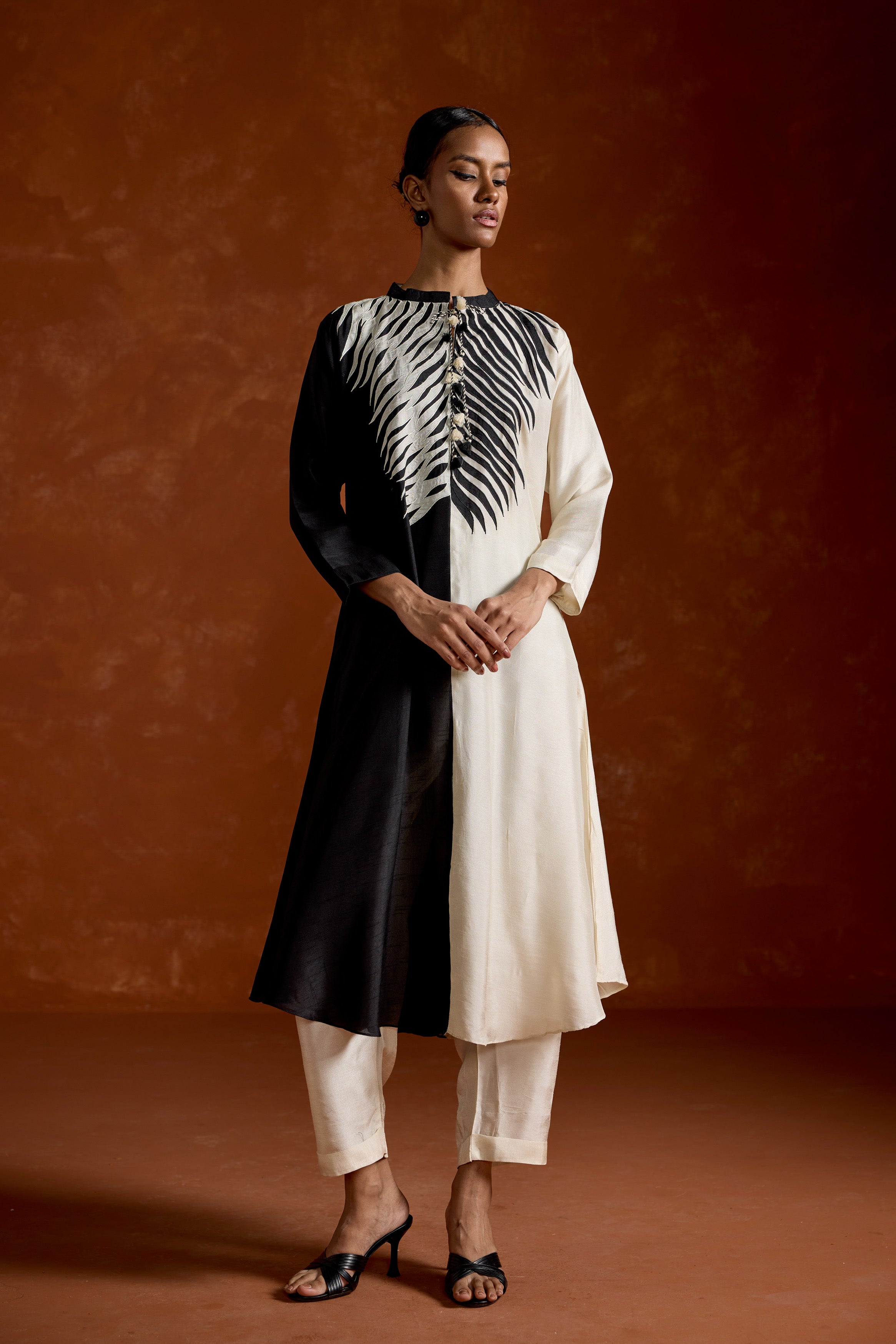 Black & White Embroidered Raw Silk Kurta Set