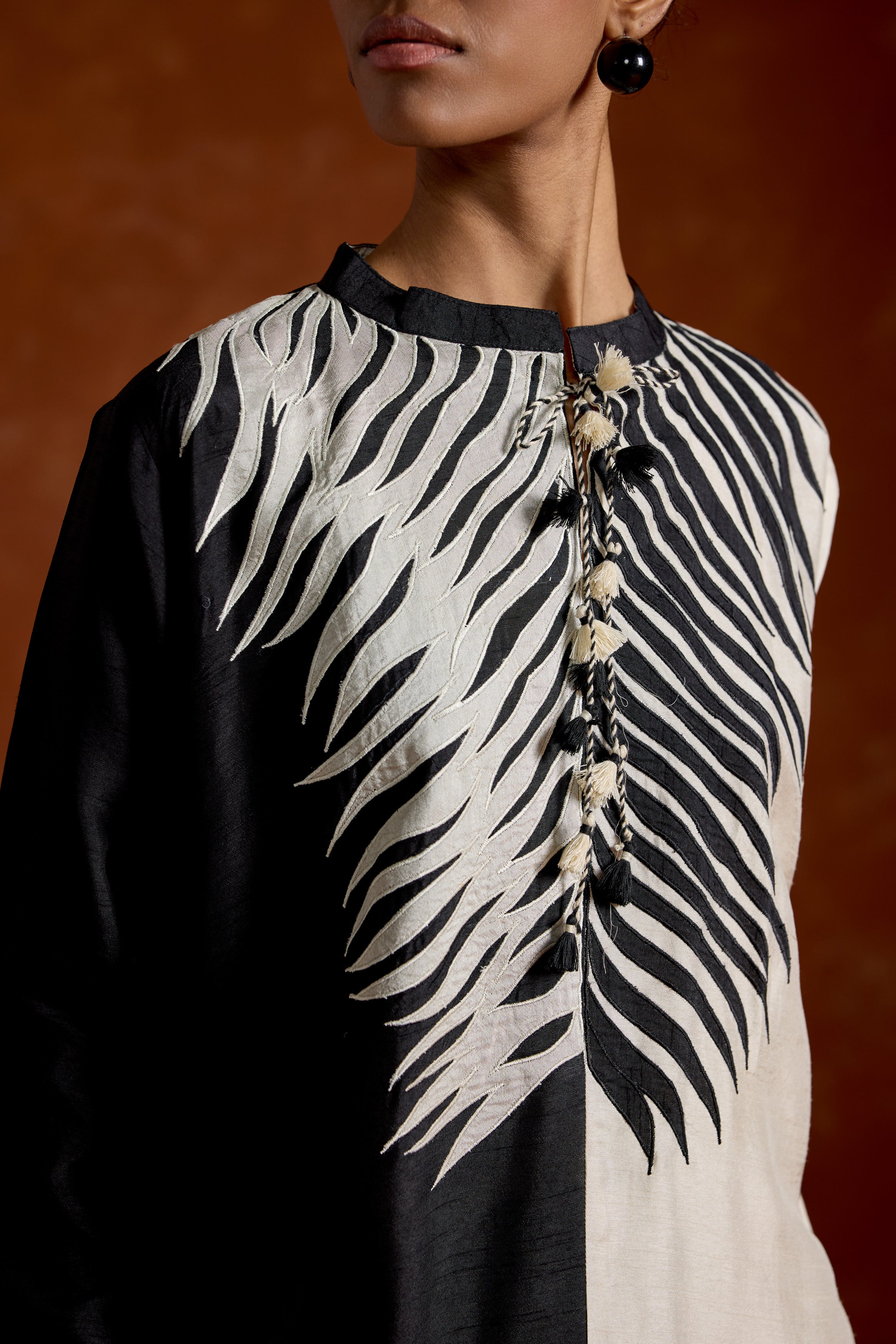 Black & White Embroidered Raw Silk Kurta Set