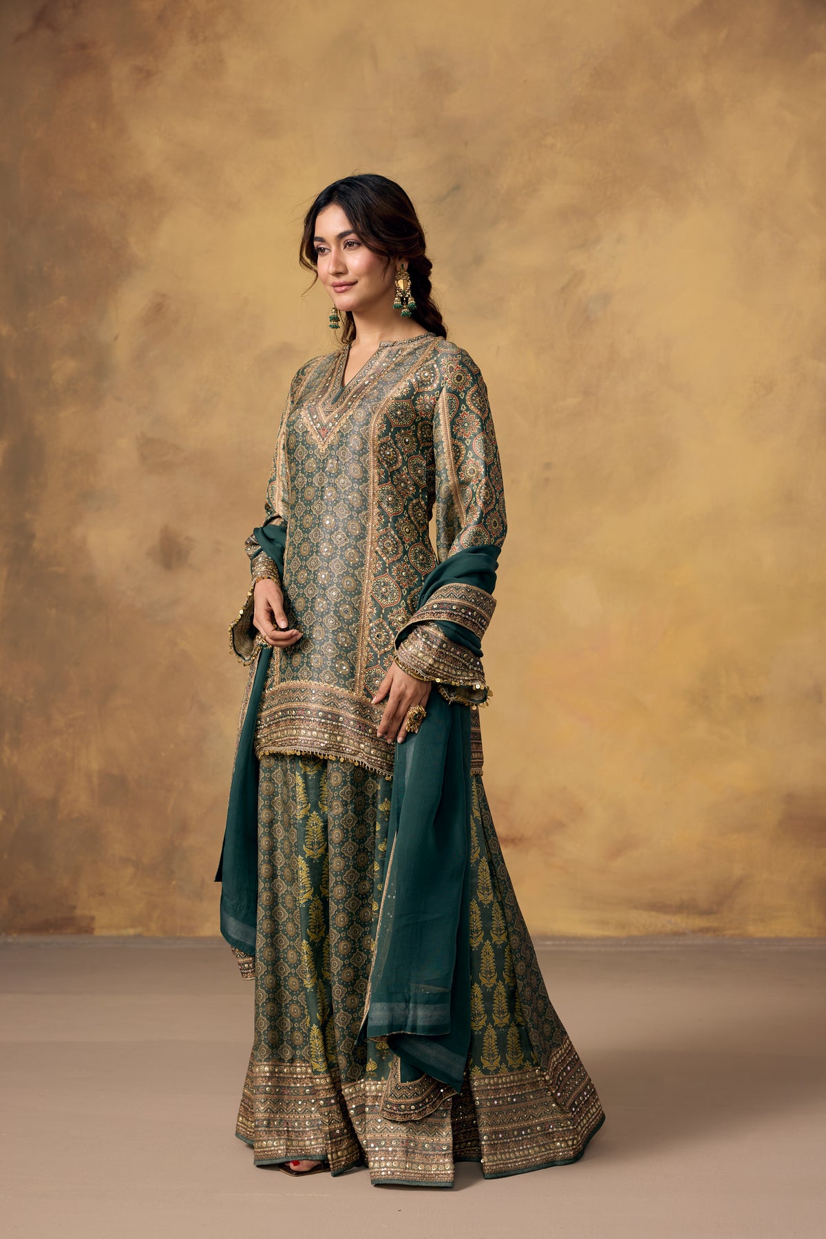 Bottle Green Embellished Banarasi Brocade Palazzo Set