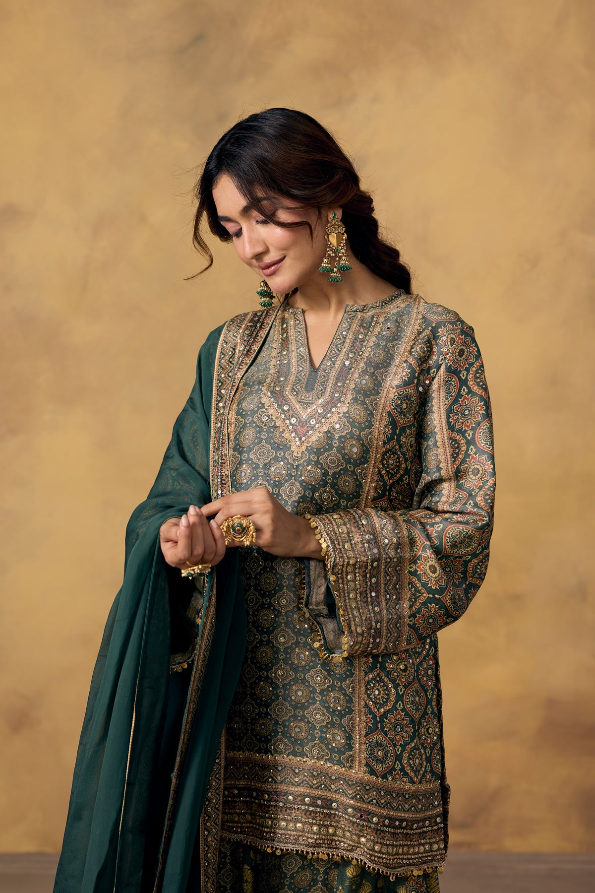 Bottle Green Embellished Banarasi Brocade Palazzo Set