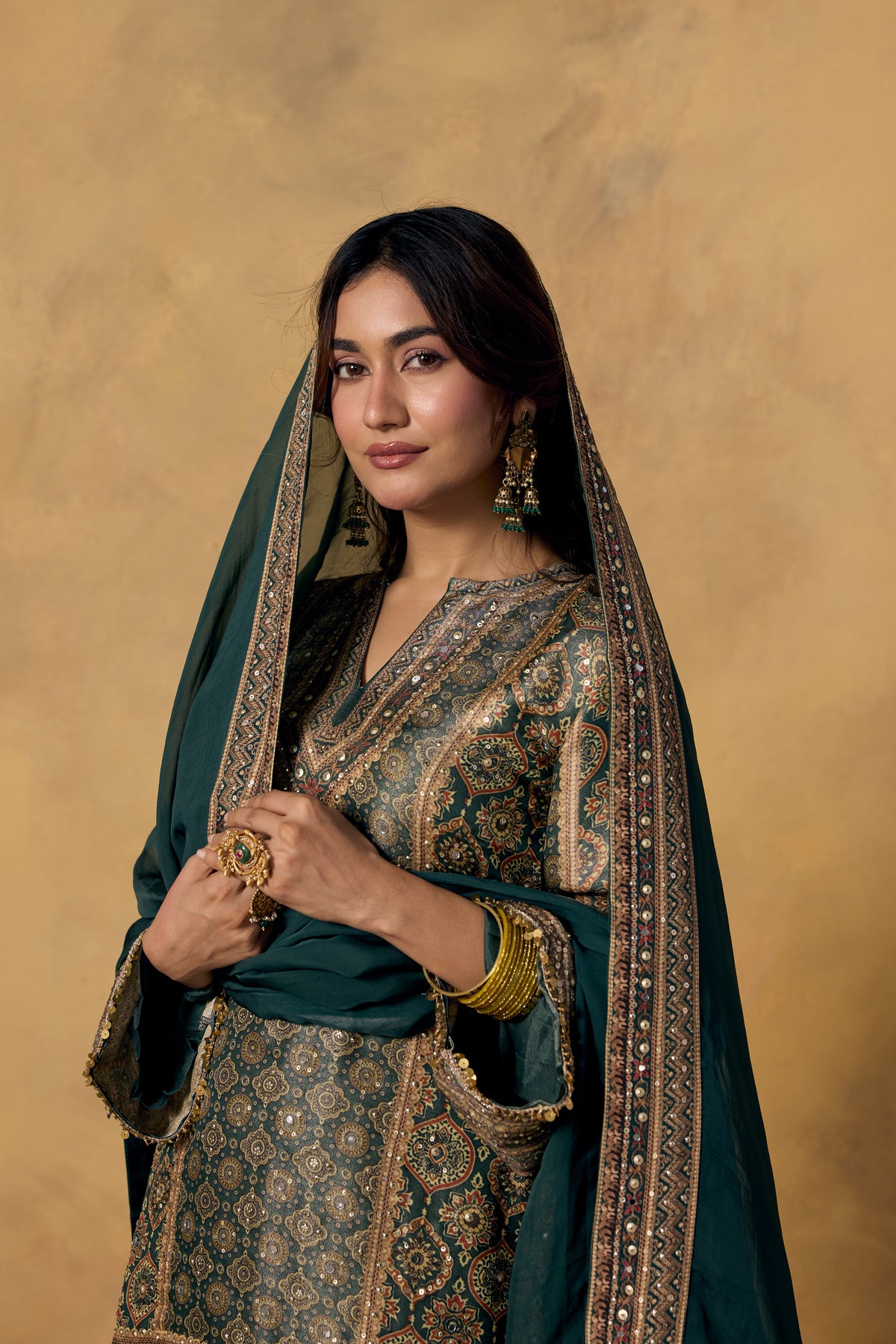 Bottle Green Embellished Banarasi Brocade Palazzo Set