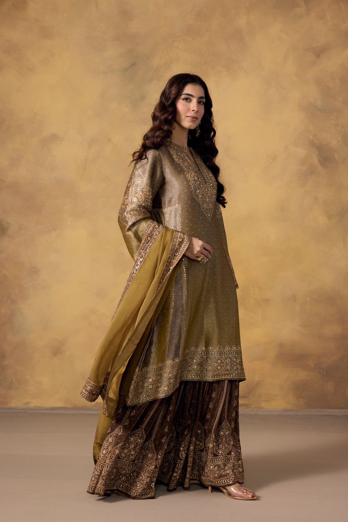 Olive Brown Embellished Shimmer Silk Sharara Set