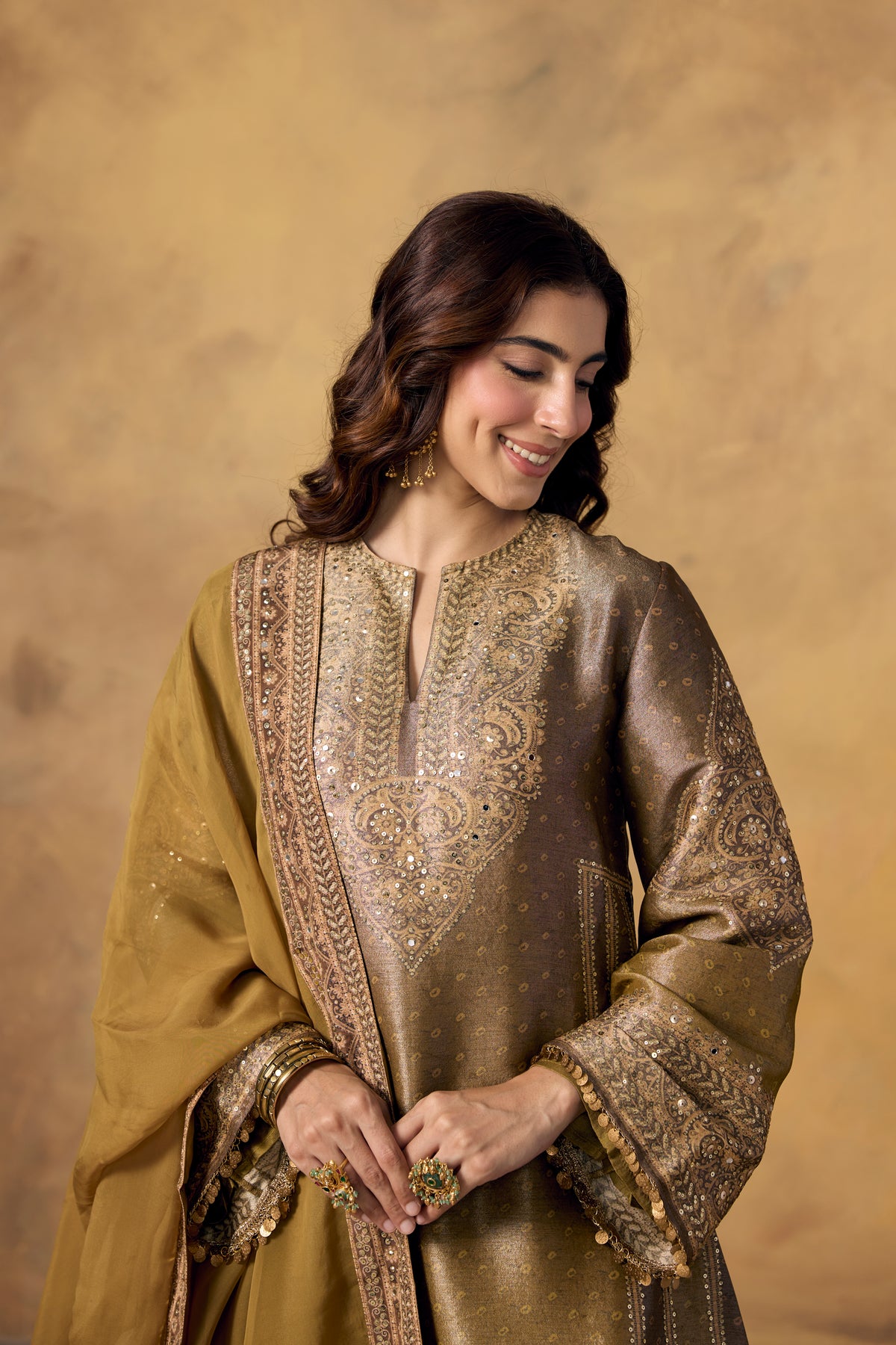 Olive Brown Embellished Shimmer Silk Sharara Set
