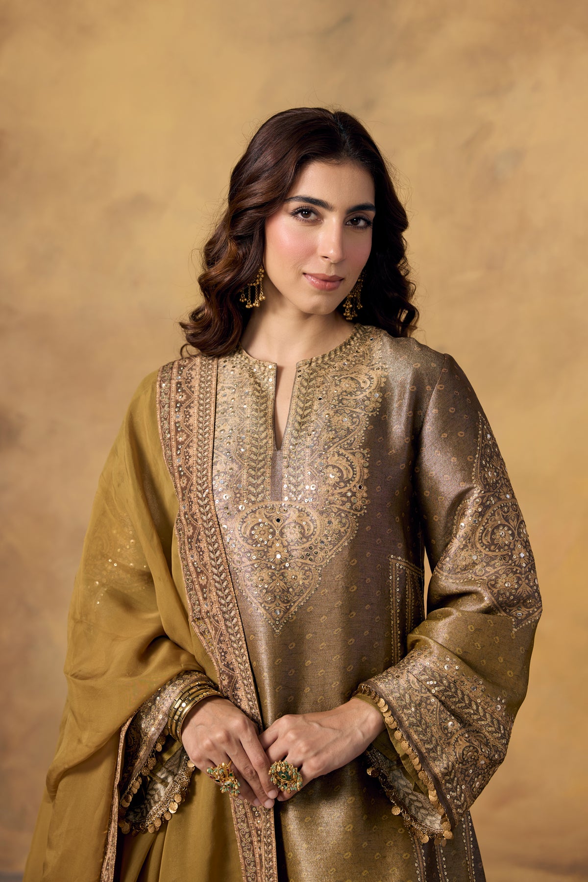 Olive Brown Embellished Shimmer Silk Sharara Set