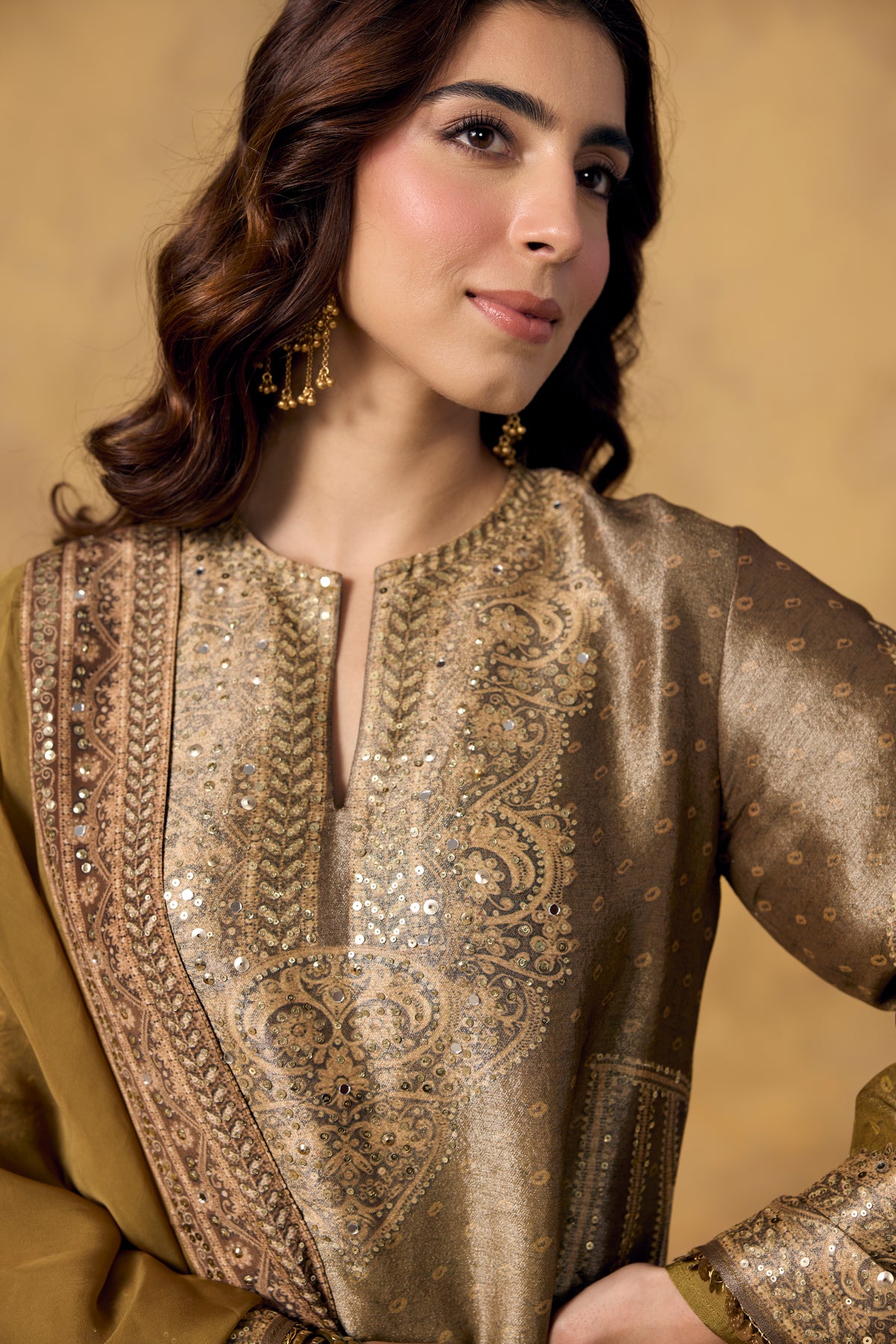 Olive Brown Embellished Shimmer Silk Sharara Set