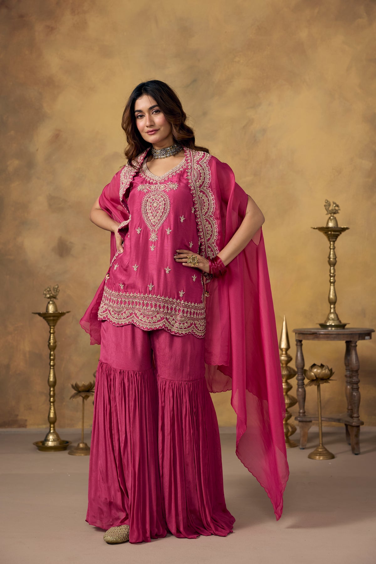 Pink Rose Embellished Organza Silk Sharara Set