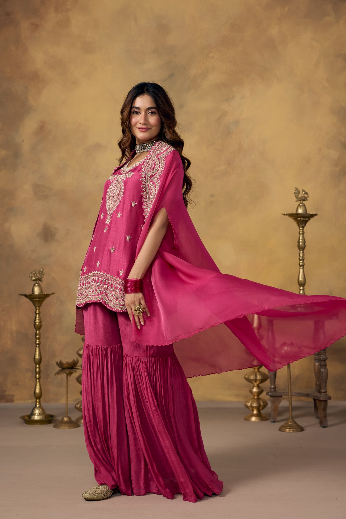 Pink Rose Embellished Organza Silk Sharara Set